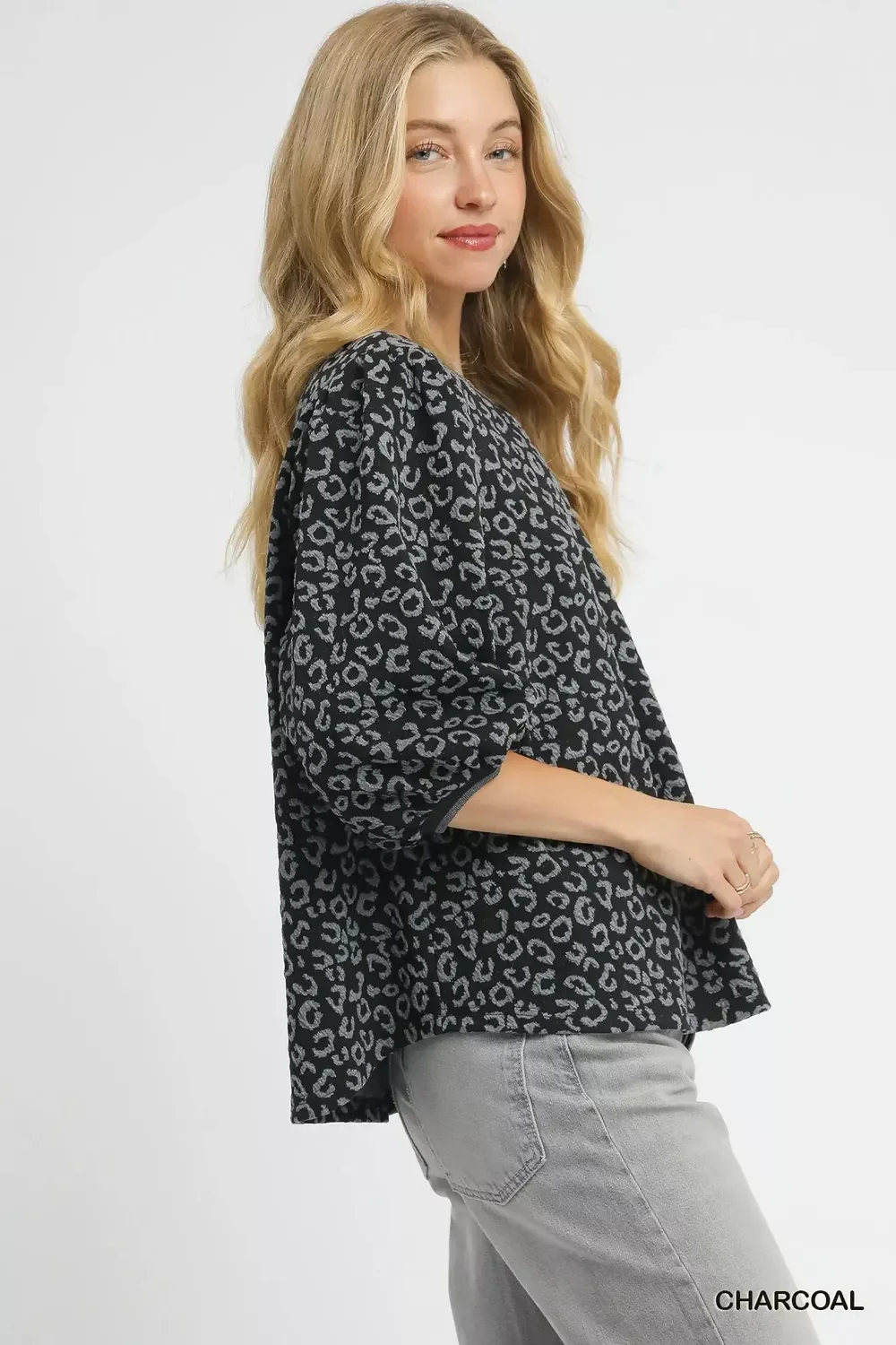 Umgee Leopard Print Jacquard Blouse with Puff Sleeves - Image 2
