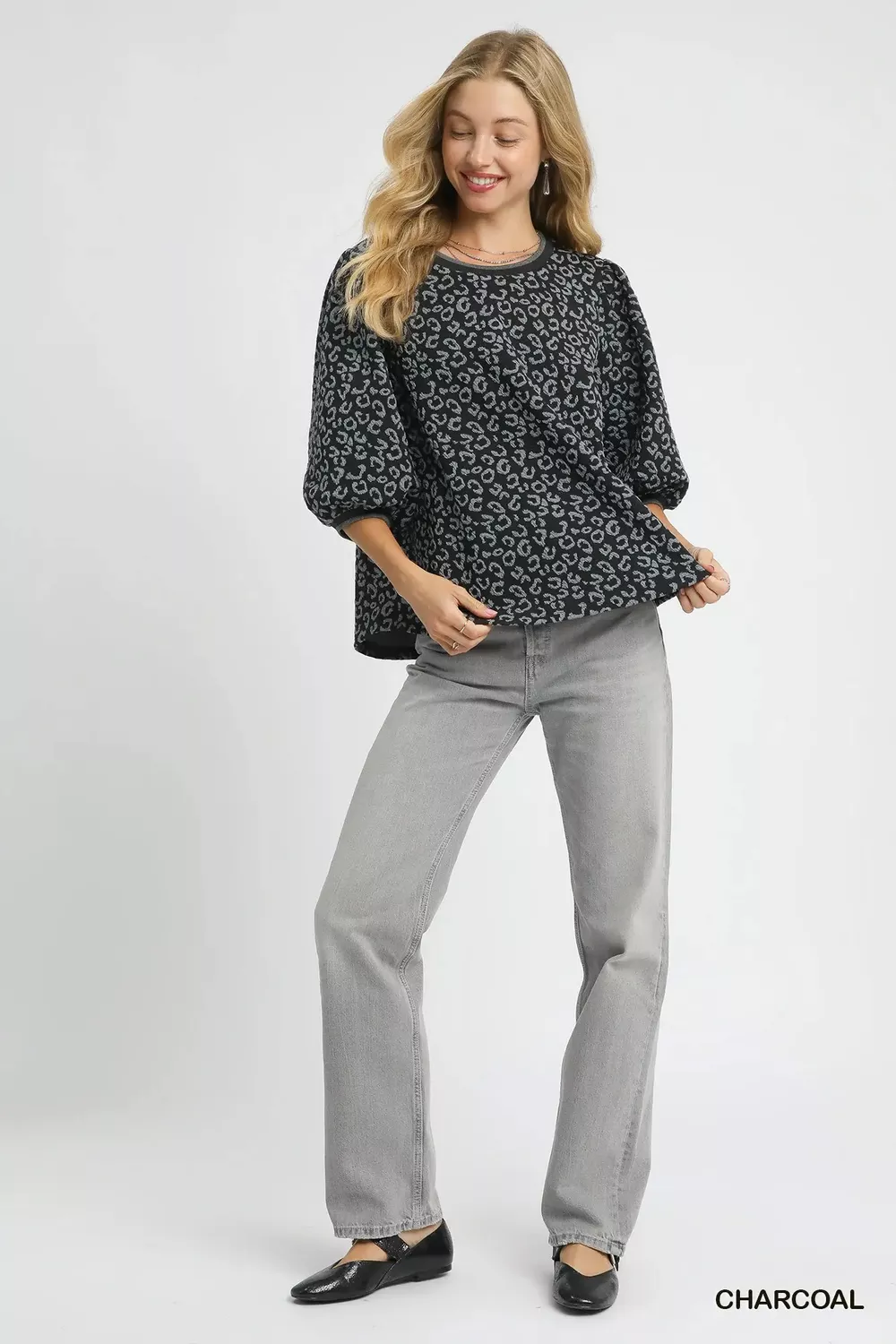 Umgee Leopard Print Jacquard Blouse with Puff Sleeves - Image 4