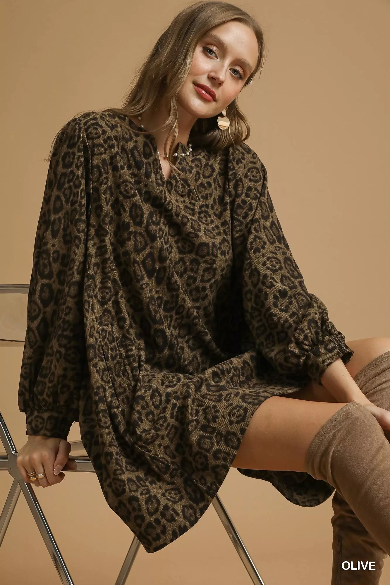 Umgee Leopard Print Long Sleeve Swing Dress - Image 2