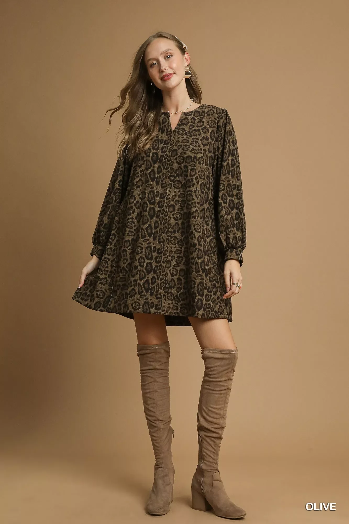 Umgee Leopard Print Long Sleeve Swing Dress - Image 5
