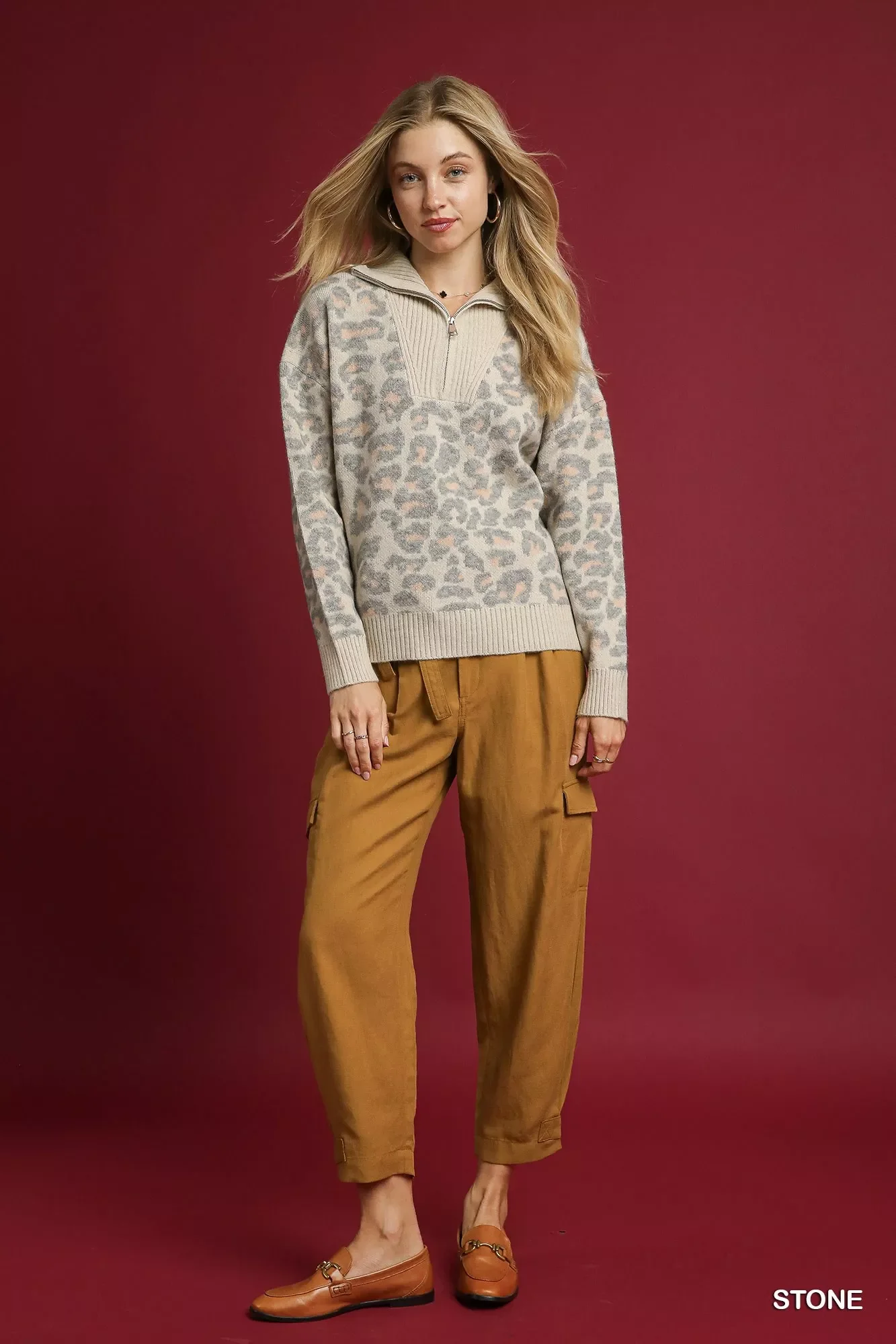 Umgee Leopard Print Quarter-Zip Knit Sweater - Image 4
