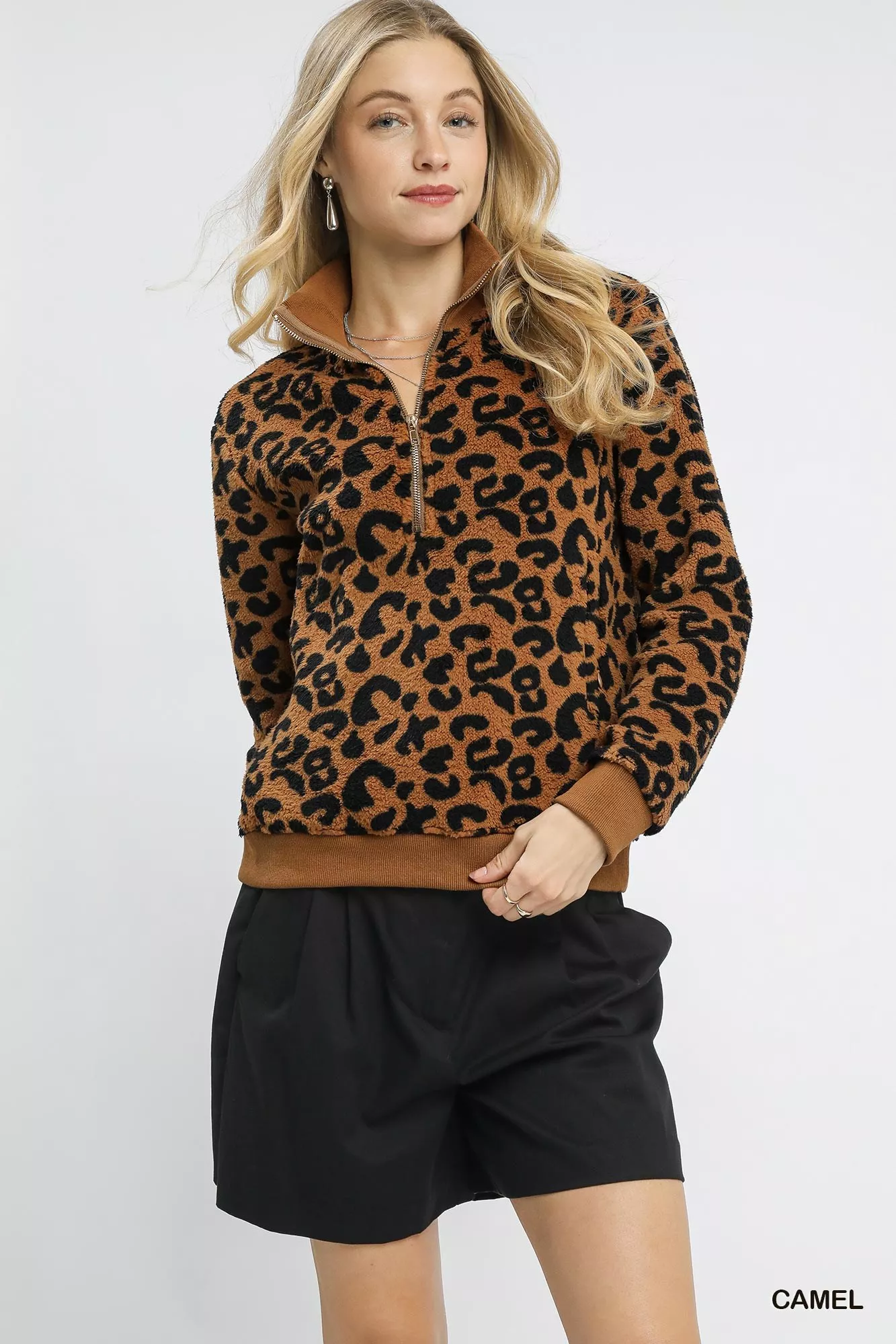 Umgee Leopard Print Quarter-Zip Sweatshirt - Image 2