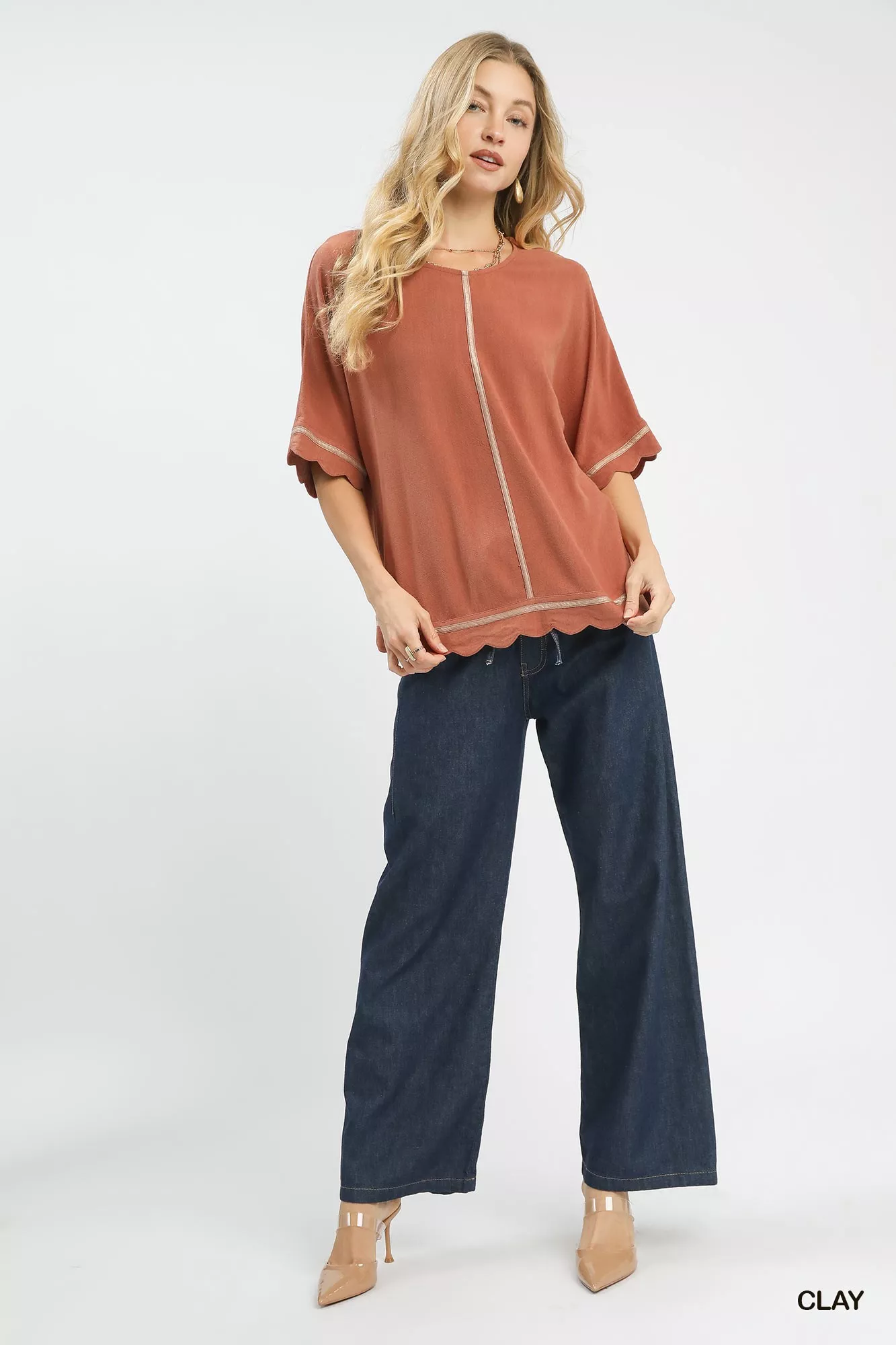 Umgee Linen Blend Scallop Trim Top - Image 5