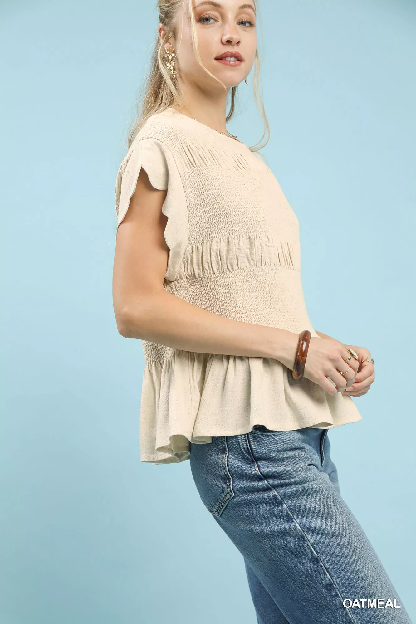 Umgee Linen Blend Smocked Peplum Blouse - Image 2
