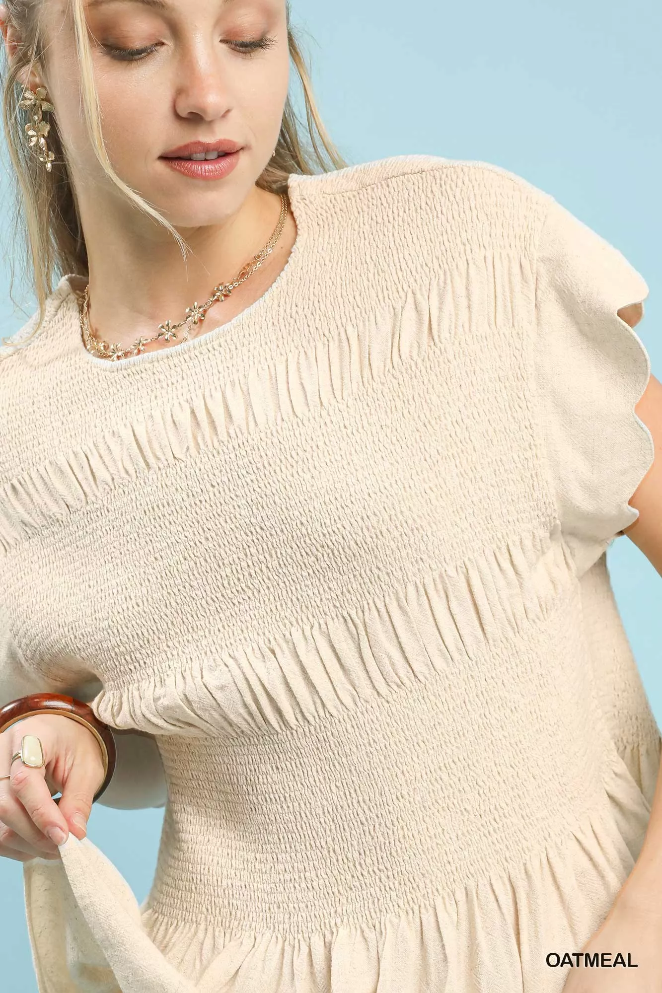 Umgee Linen Blend Smocked Peplum Blouse - Image 6