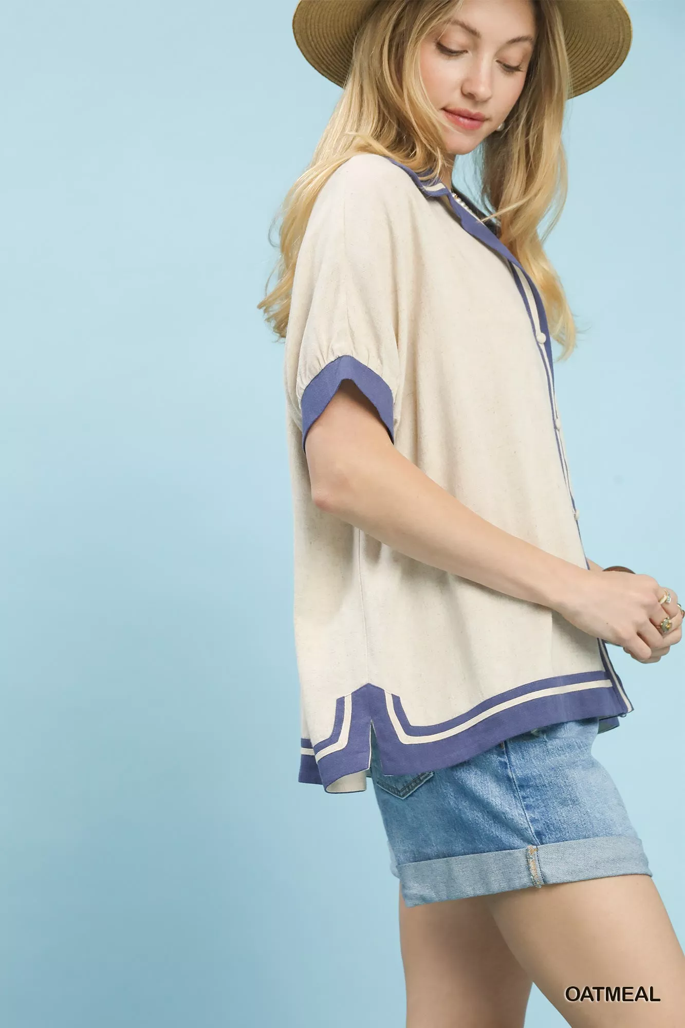 Umgee Linen Button Front Top with Contrast Piping - Image 3