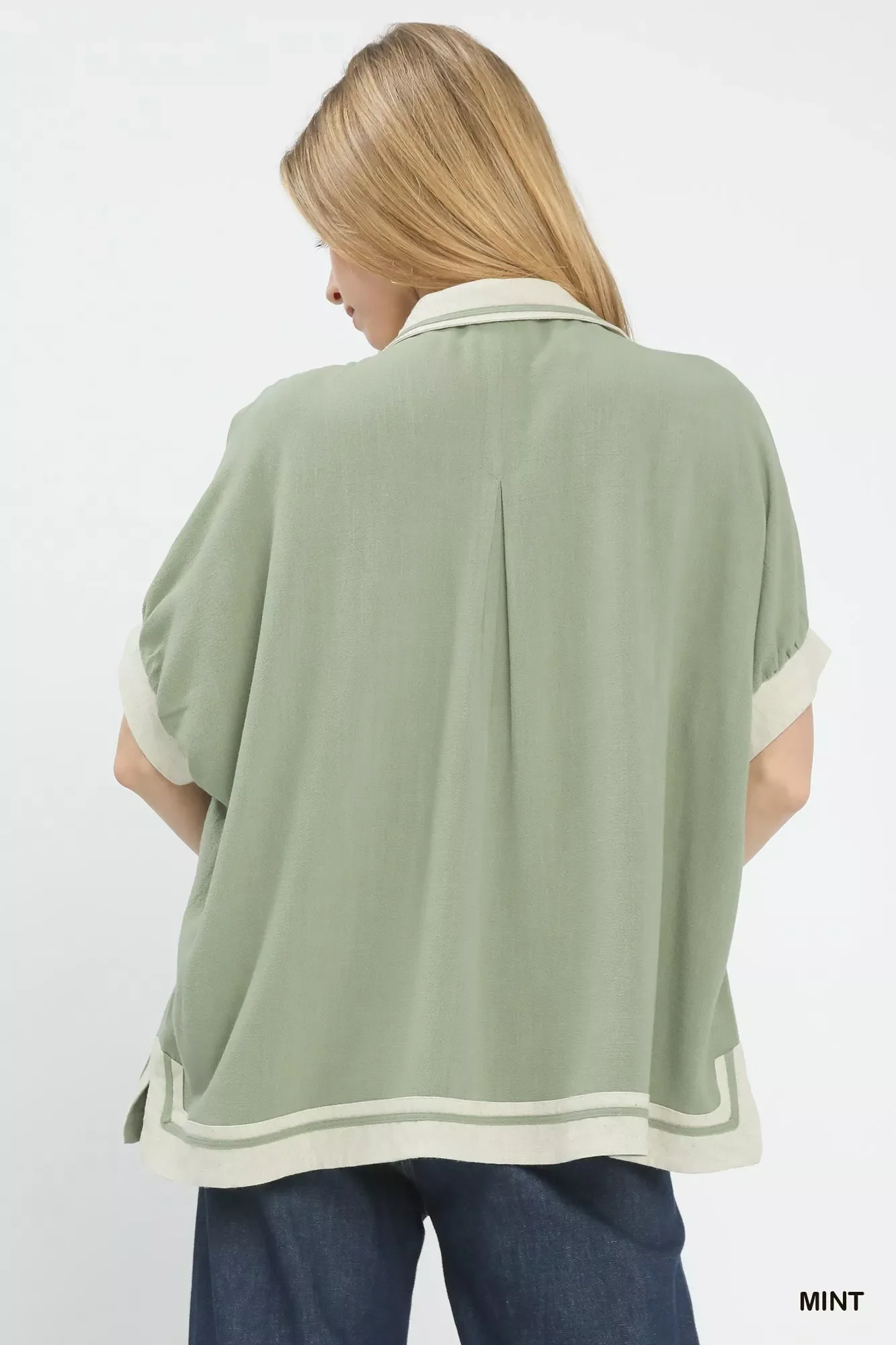 Umgee Linen Button Front Top with Contrast Piping - Image 2