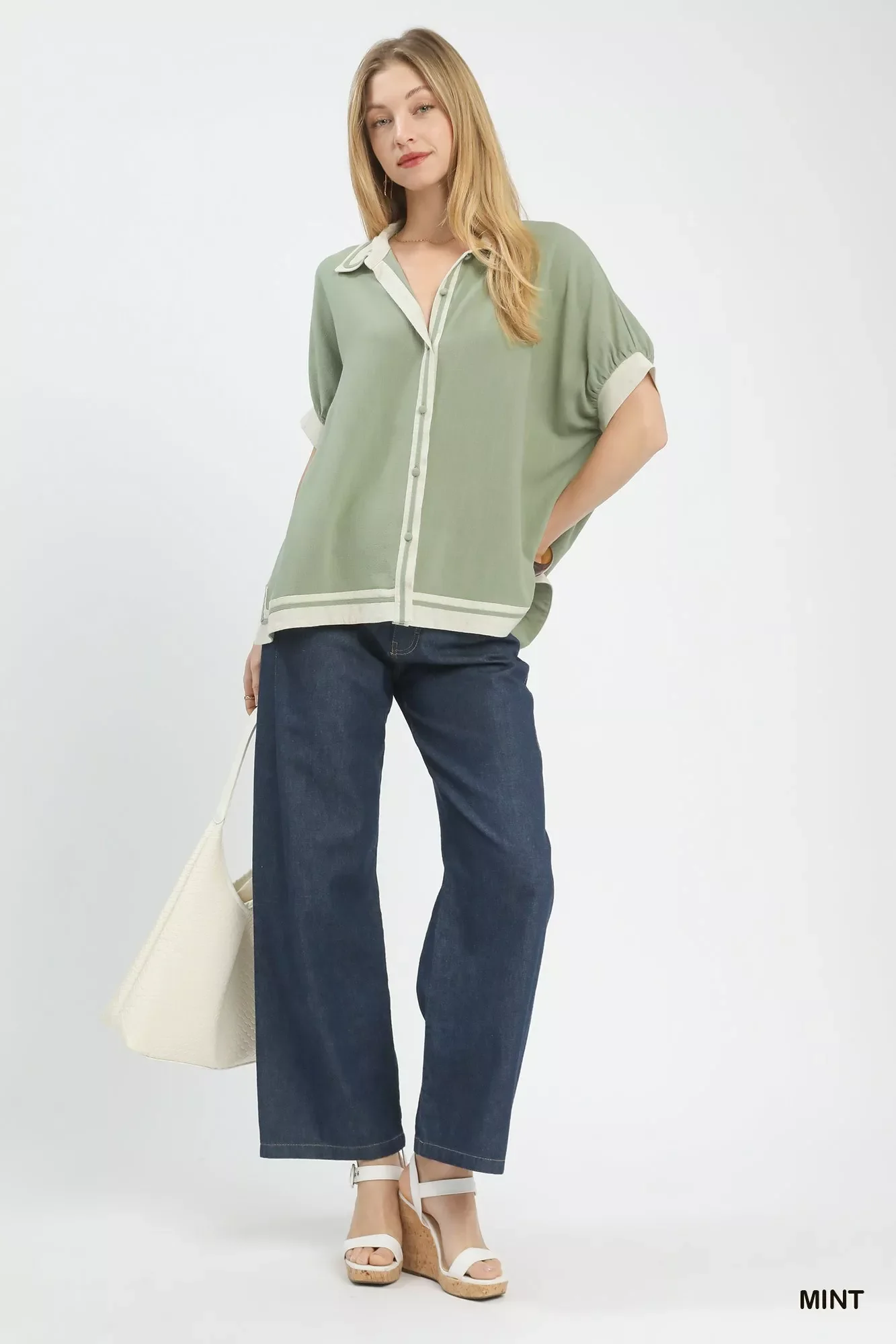 Umgee Linen Button Front Top with Contrast Piping - Image 5