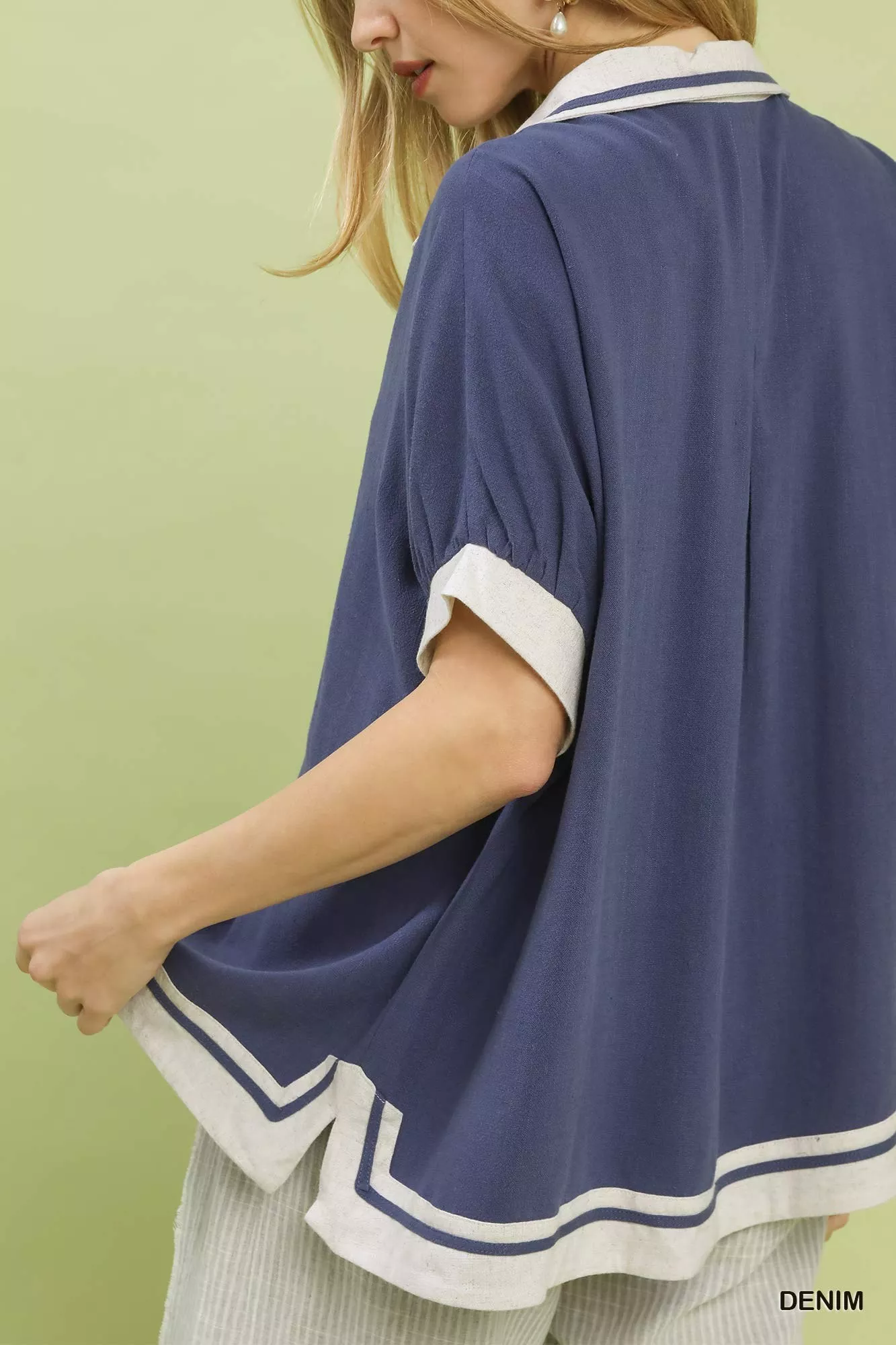 Umgee Linen Button Front Top with Contrast Piping - Image 6