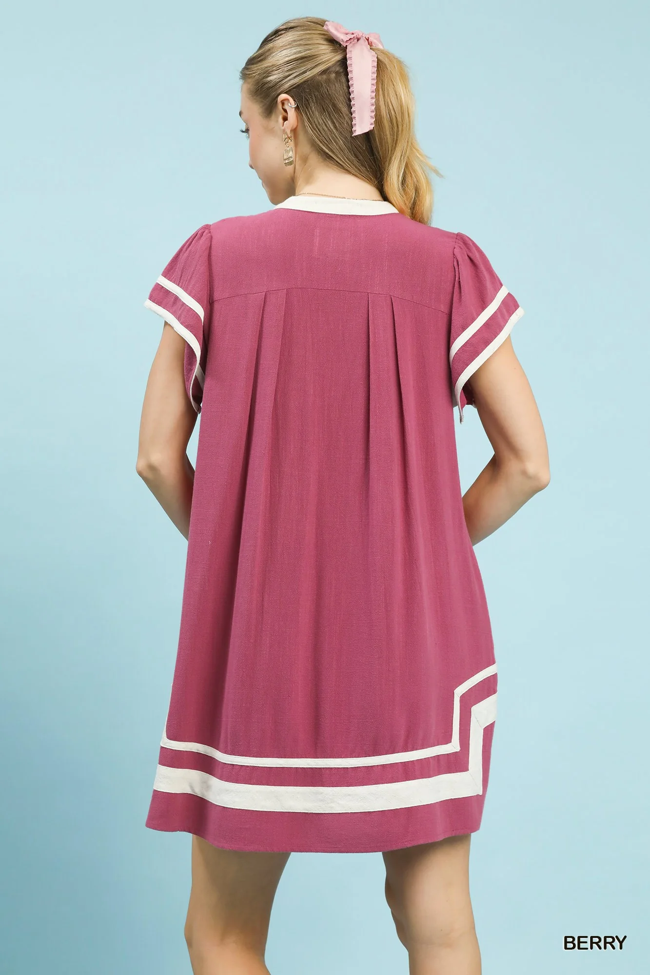 Umgee Linen Contrast Trim Short Sleeve Dress - Image 3
