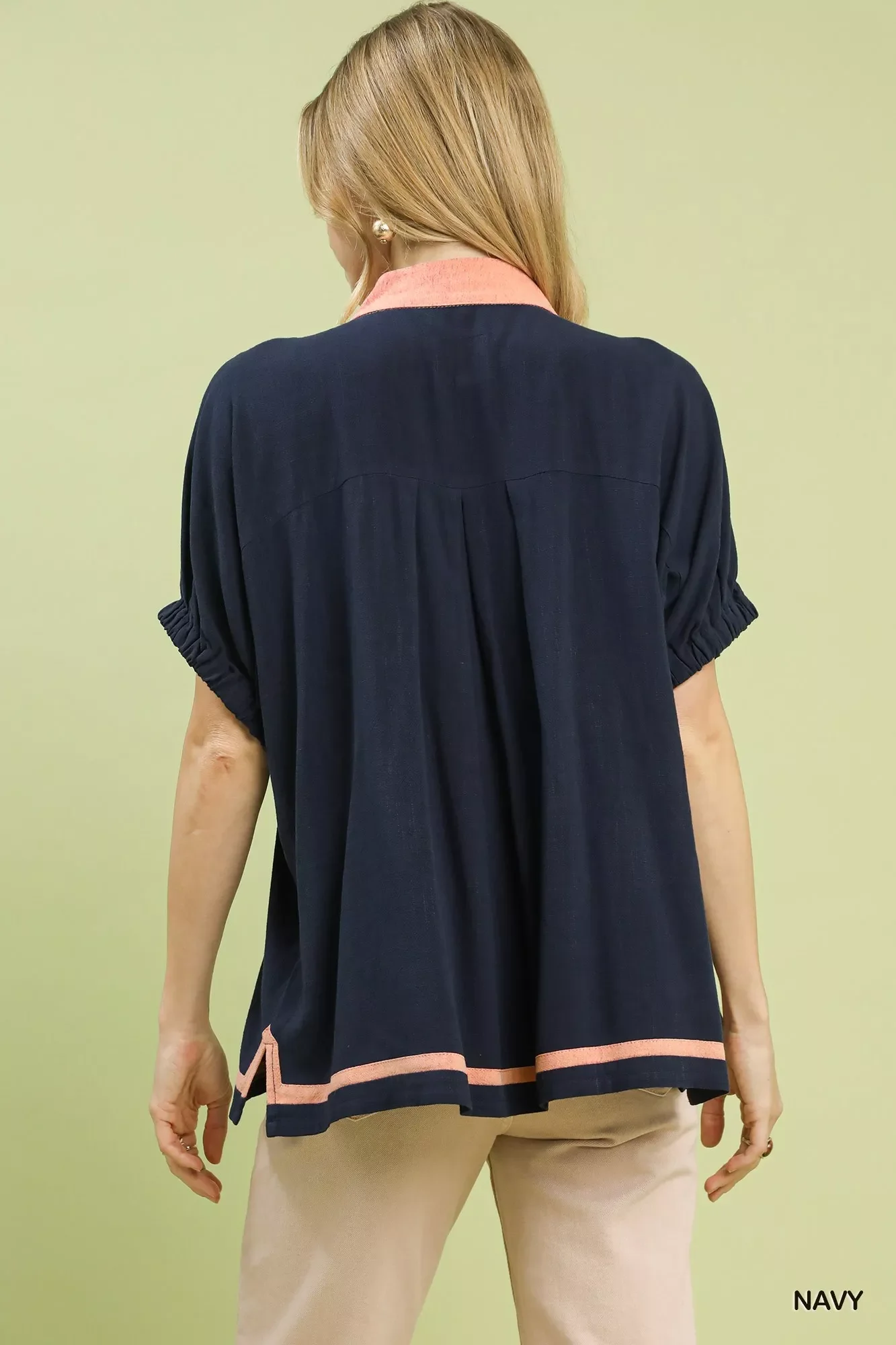 Umgee Linen Contrast Trim V-Neck Blouse - Image 3