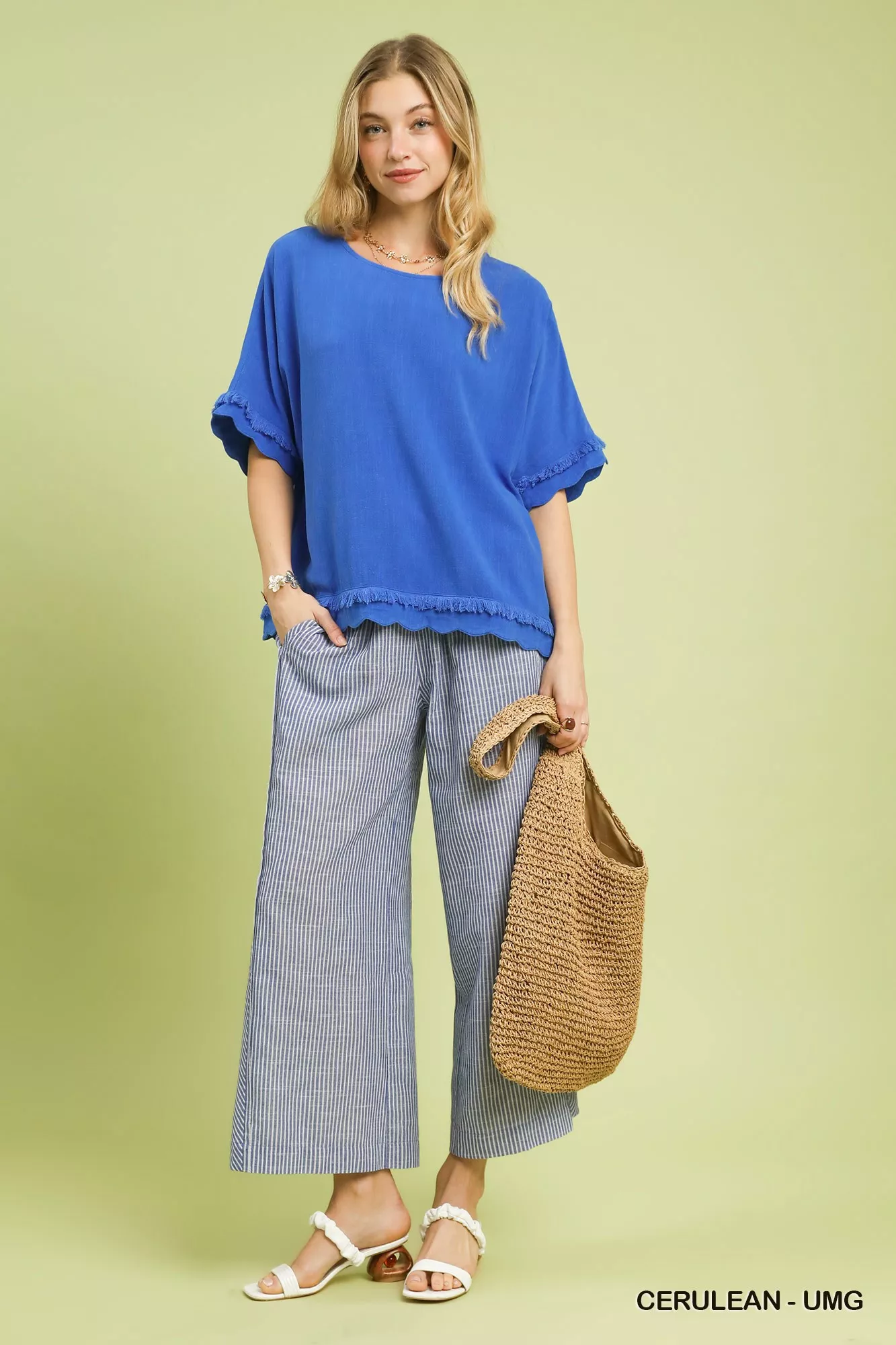 Umgee Linen Frayed Hem Scallop Edge Top - Image 5