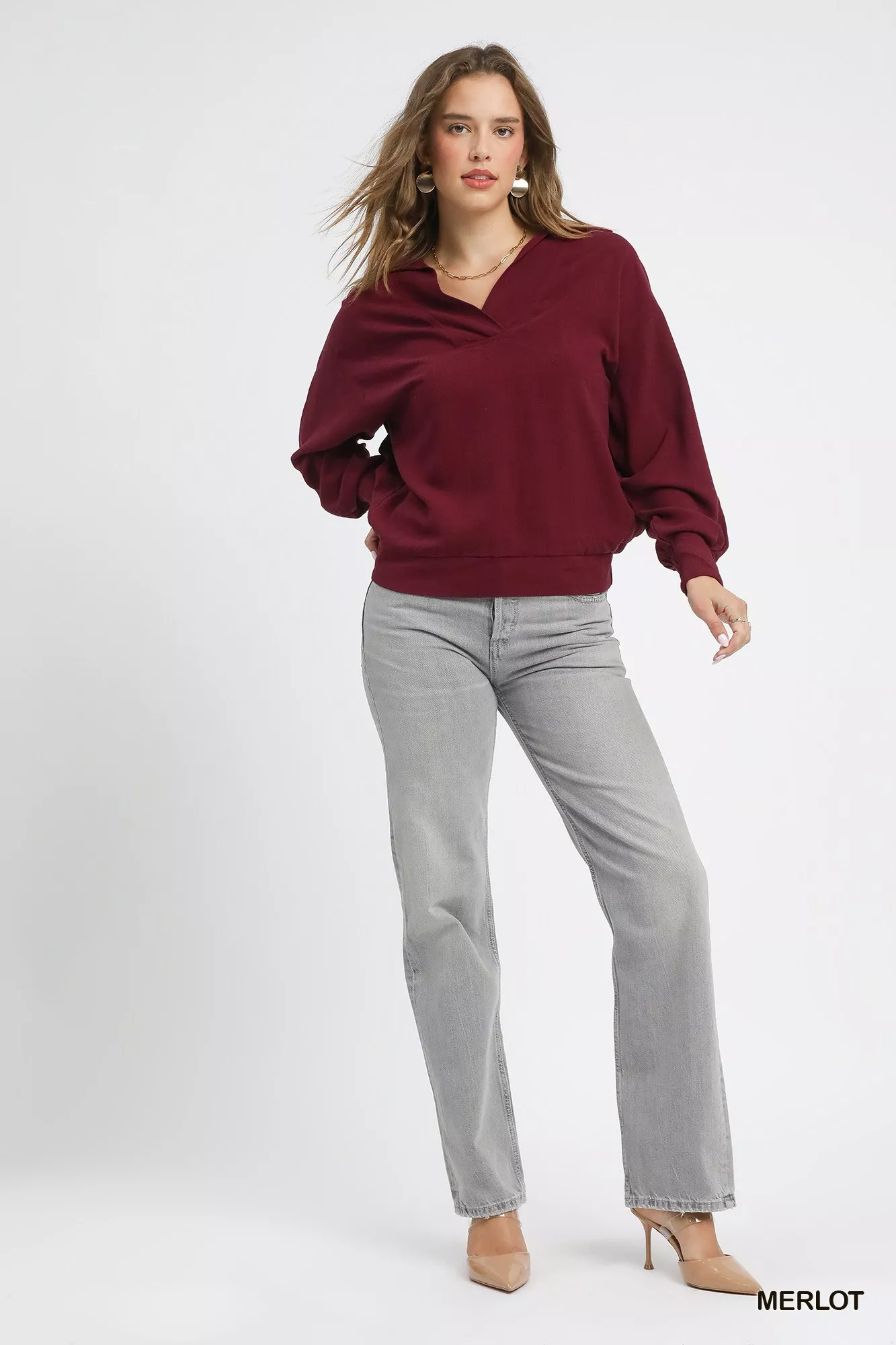 Umgee Linen Long Sleeves Elastic Hem Blouse - Image 4