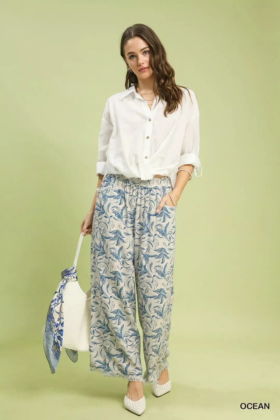 Umgee Linen Printed Wide Leg Raw Hem Pants - Image 5
