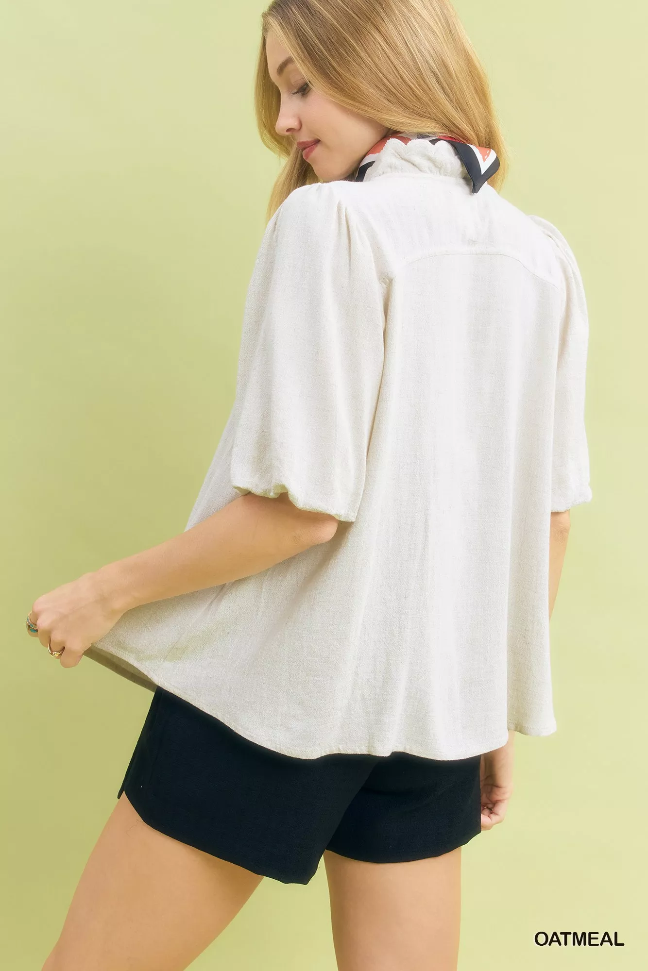 Umgee Linen Scallop Trim V-Neck Blouse - Image 2