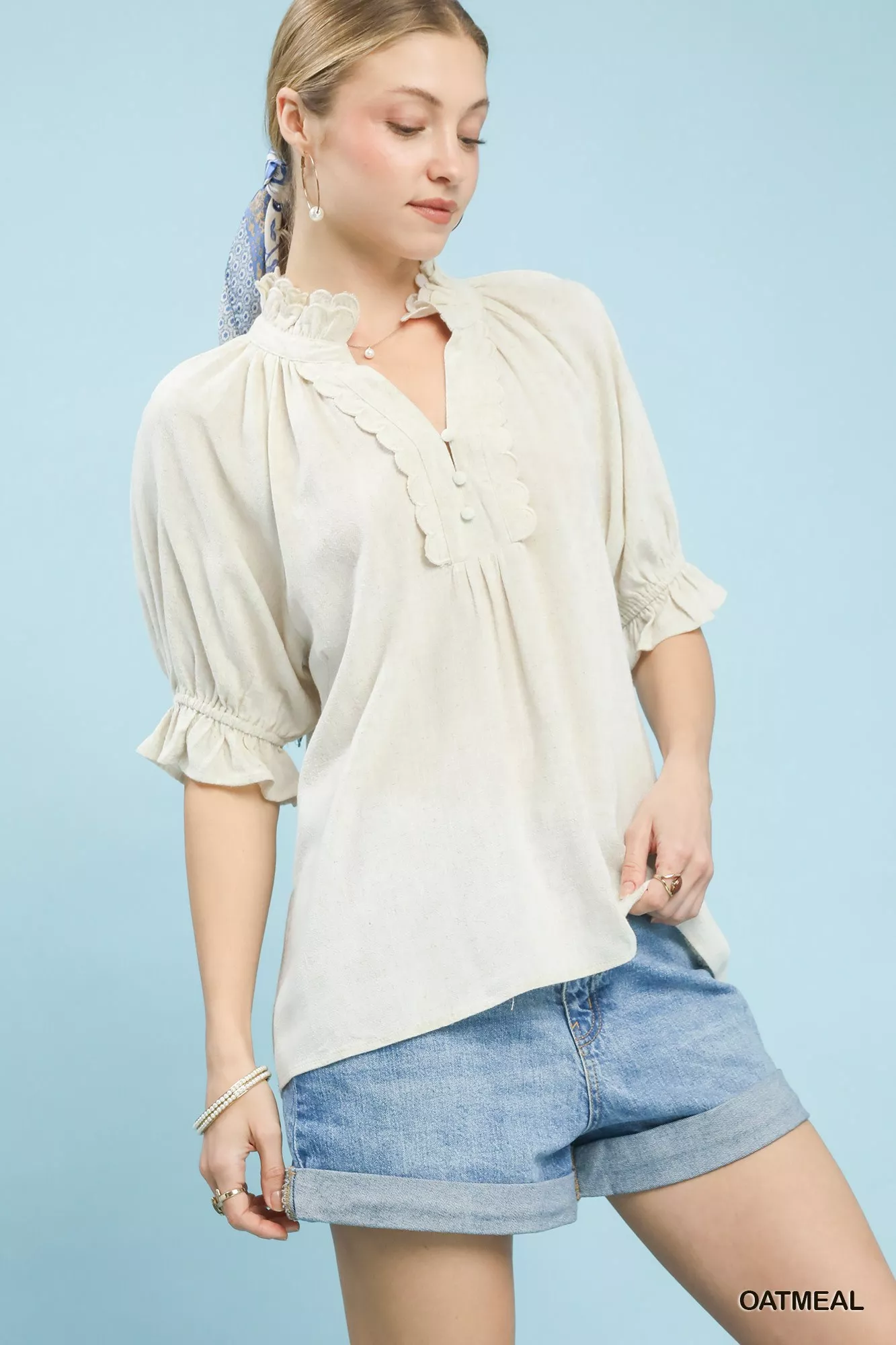 Umgee Linen Scalloped Ruffle Neck Blouse - Image 3