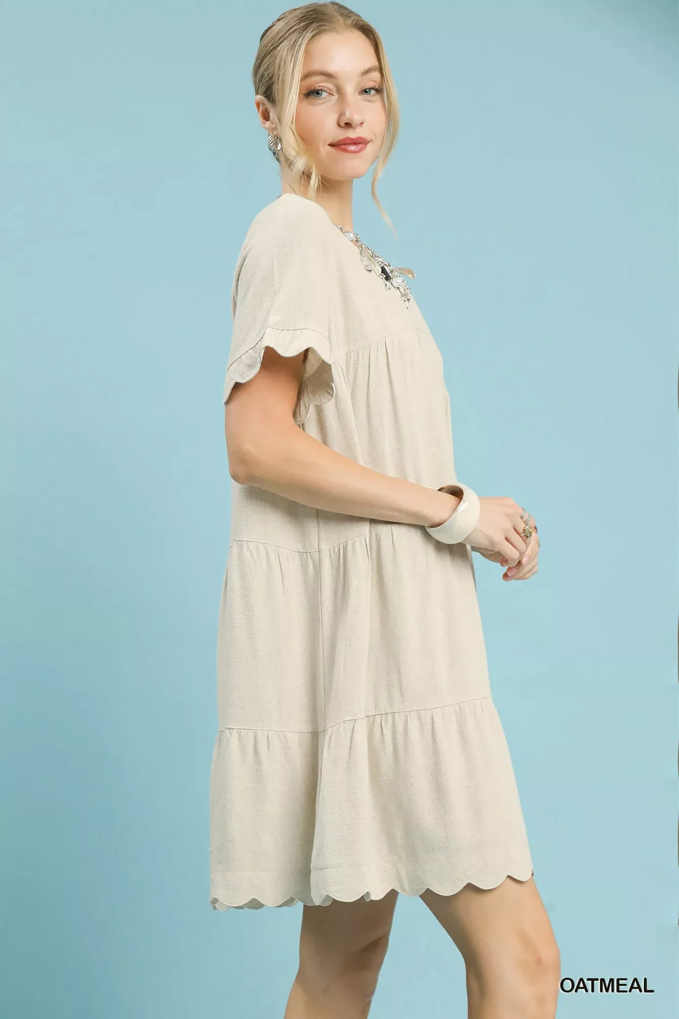 Umgee Linen Tiered Babydoll Dress with Ruffle Sleeves - Image 2