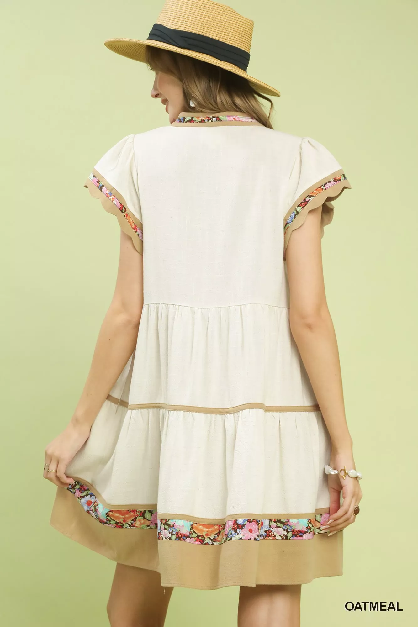 Umgee Linen Tiered Flutter Sleeve Dress with Floral Trim - Image 3