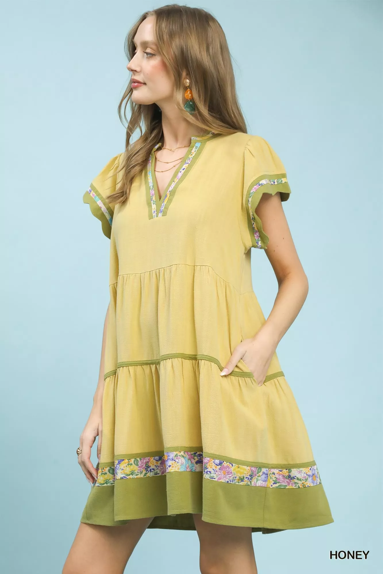 Umgee Linen Tiered Flutter Sleeve Dress with Floral Trim - Image 3