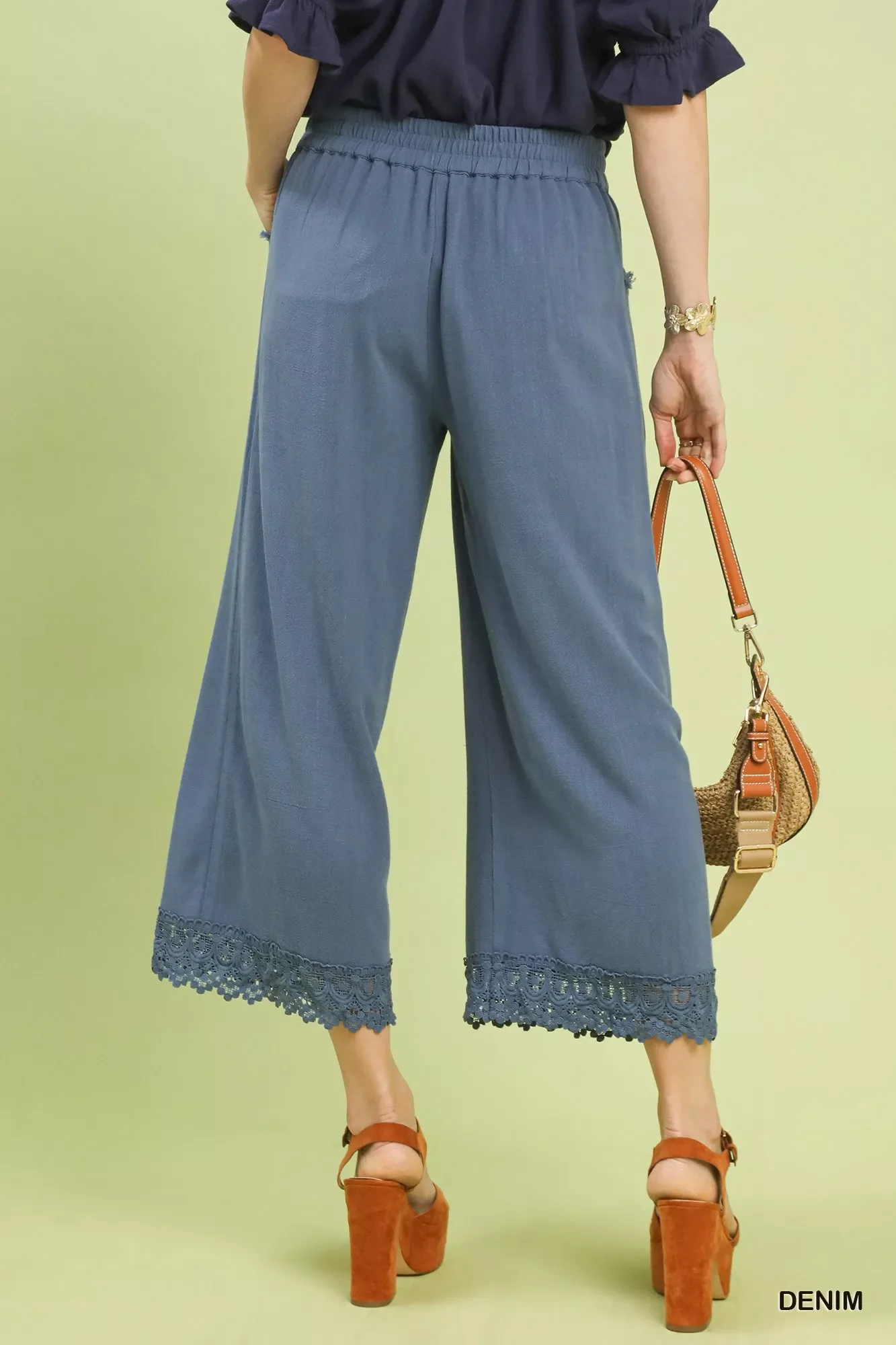 Umgee Linen Wide Leg Cropped Pants with Lace Trim - Image 4