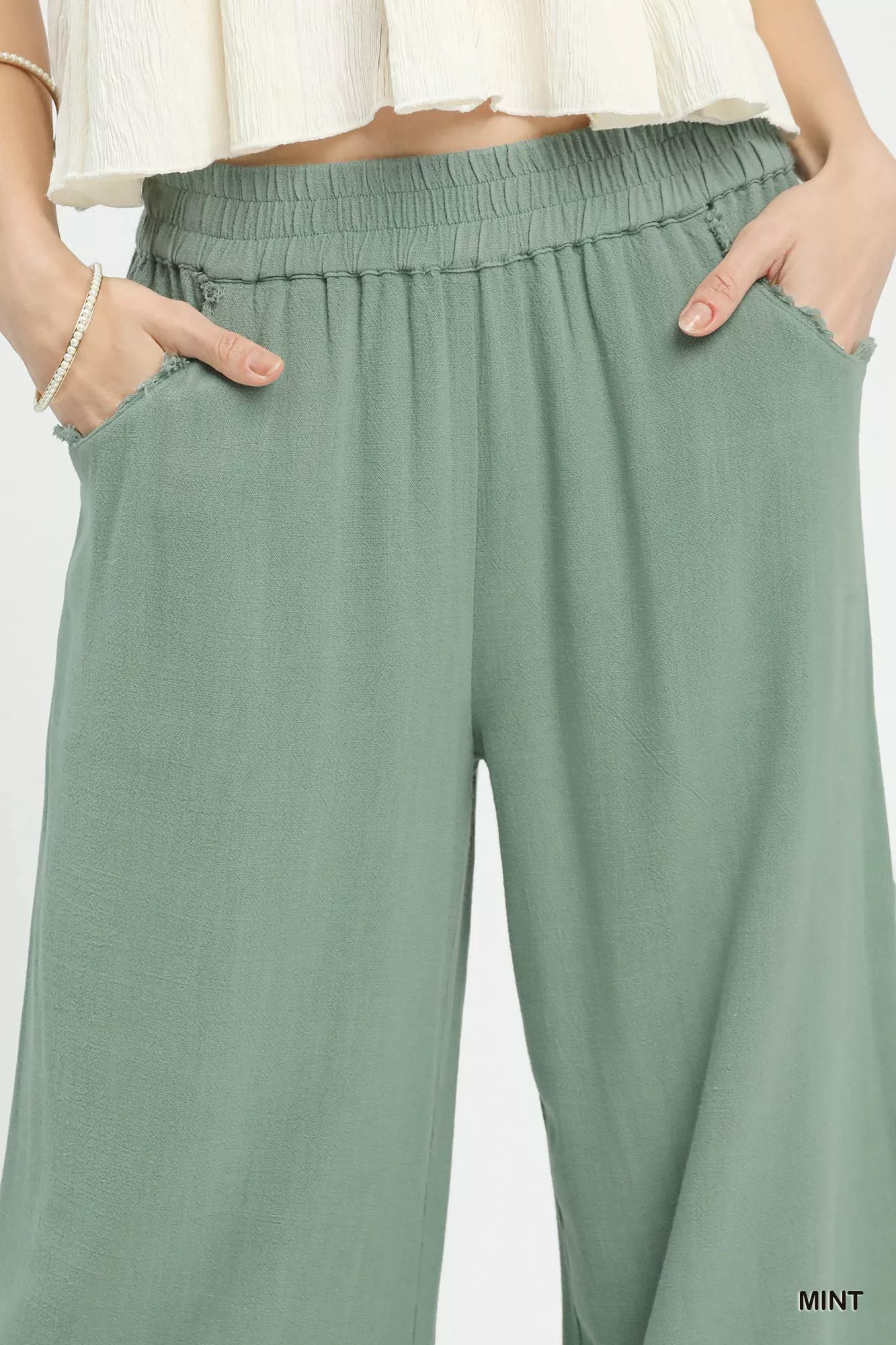 Umgee Linen Wide Leg Cropped Pants with Lace Trim - Image 5