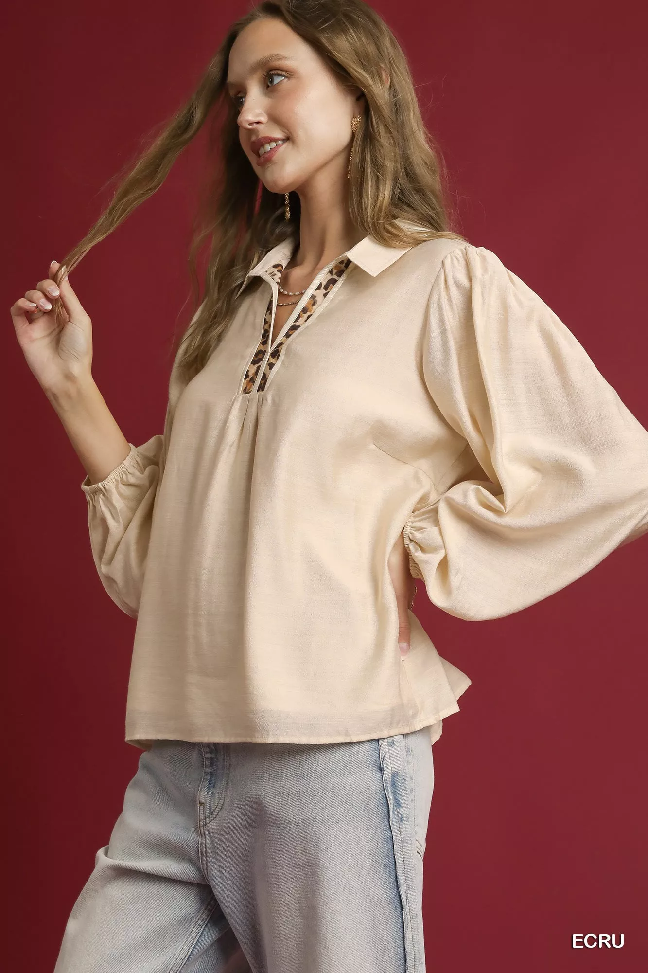 Umgee Long Sleeve Blouse with Leopard Print Trim - Image 2