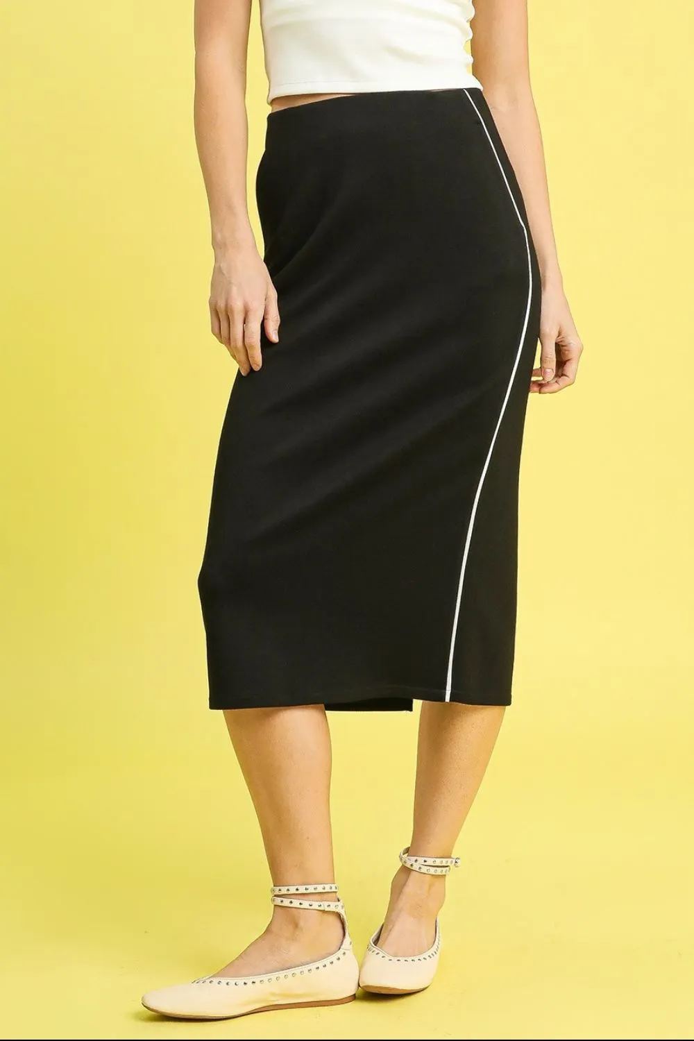 Umgee Midi Pencil Skirt with Contrast Piping Detail - Image 2
