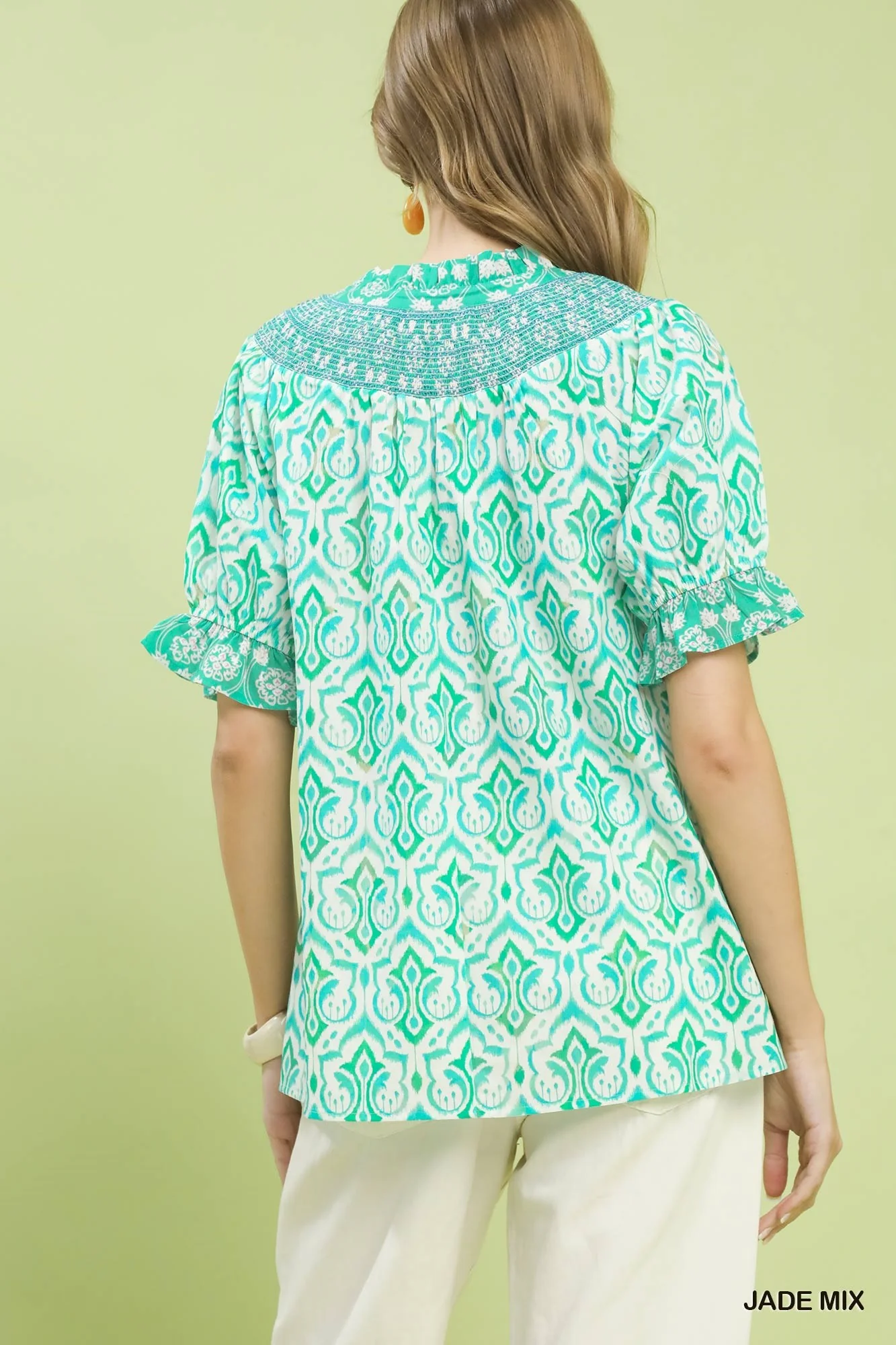 Umgee Mix Boho Puff Sleeve Smocked Top - Image 3
