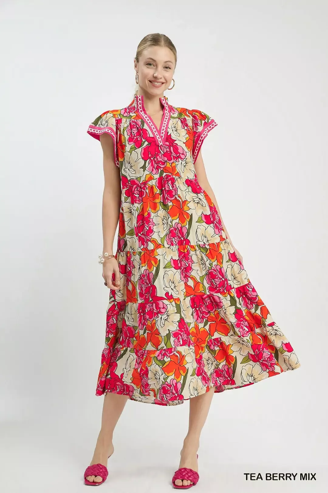 Umgee Mix Bold Floral Tiered Midi Dress - Image 2