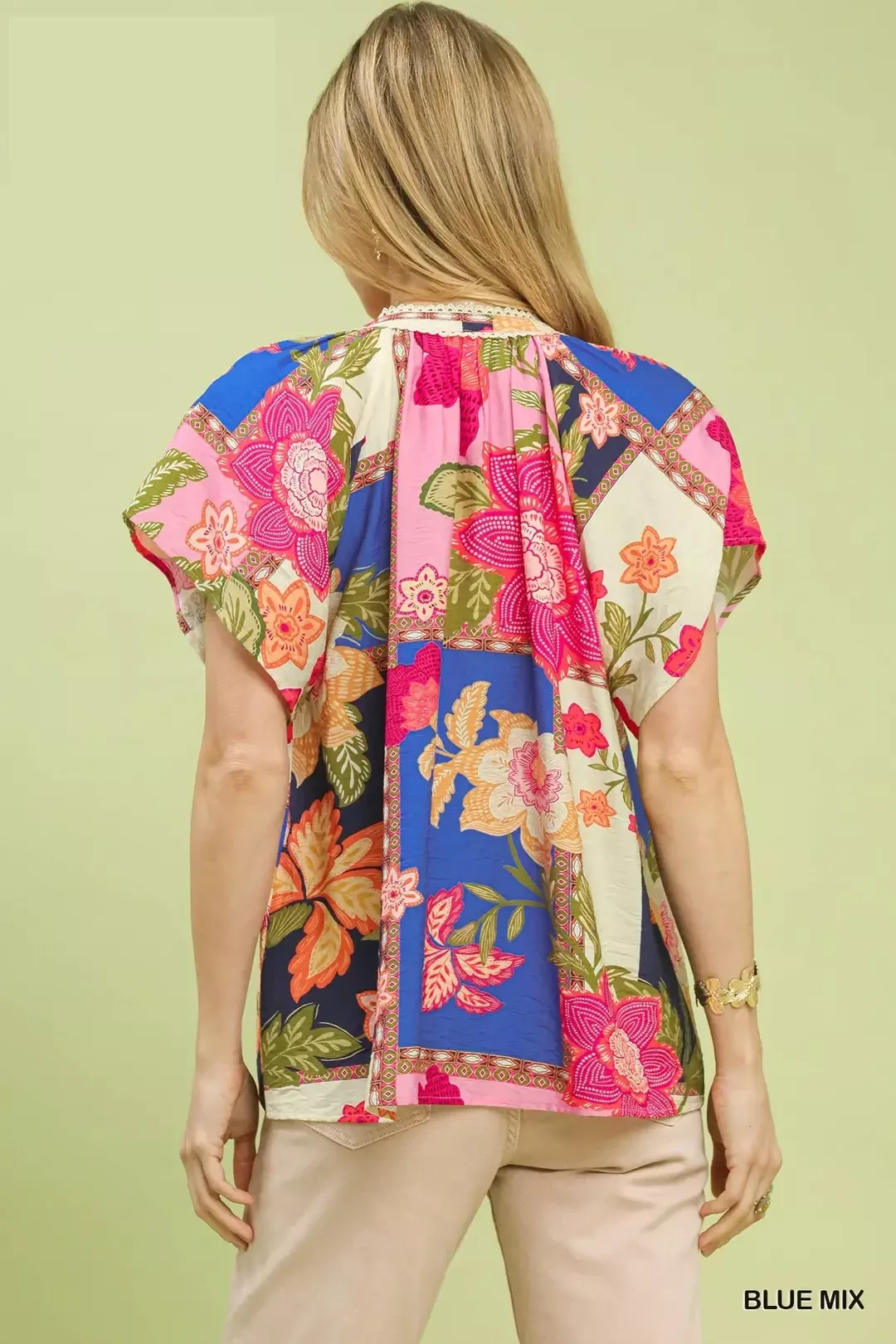 Umgee Mix Floral Patchwork Tassel Tie Top - Image 3