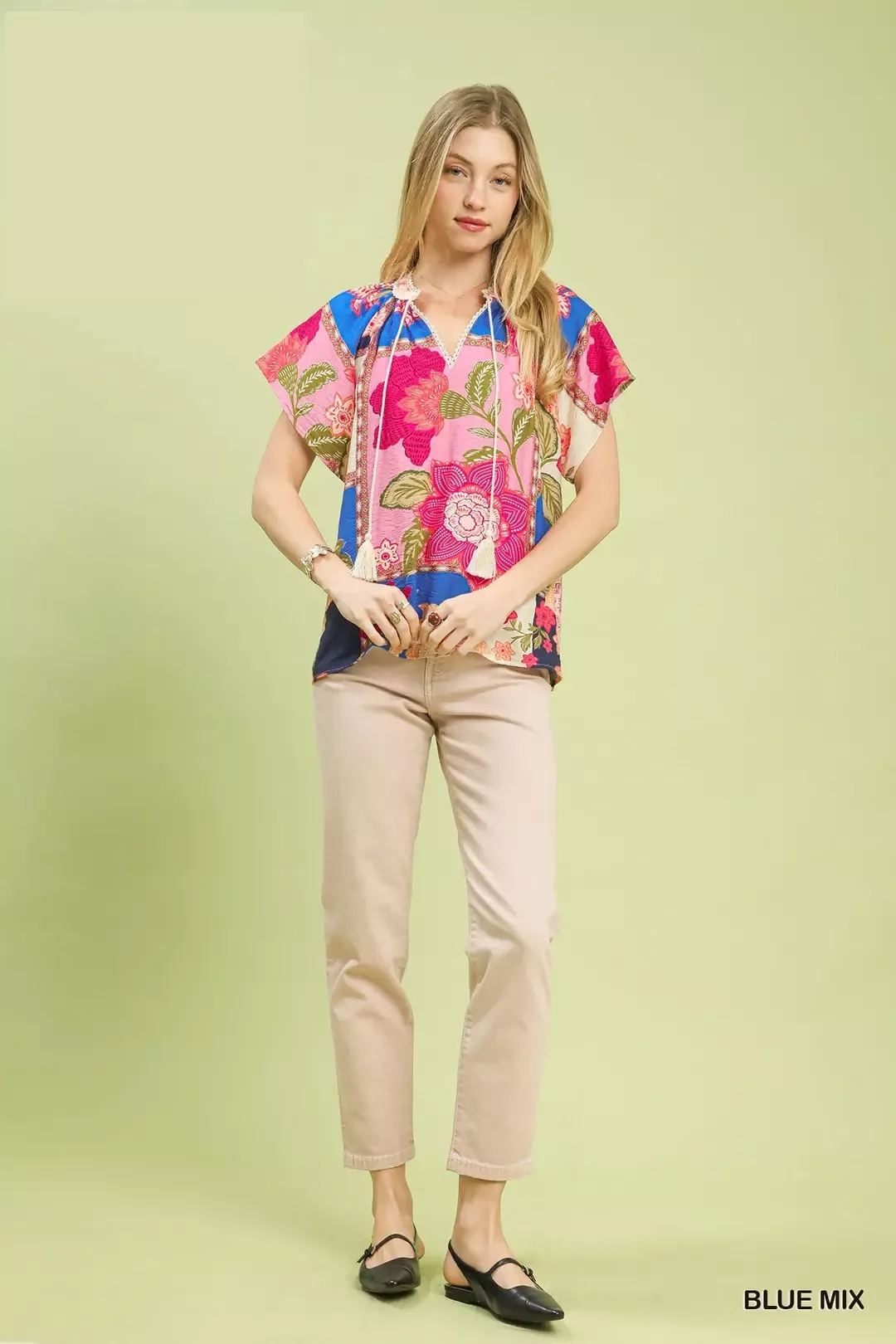 Umgee Mix Floral Patchwork Tassel Tie Top - Image 4