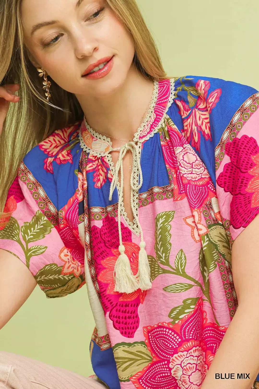 Umgee Mix Floral Patchwork Tassel Tie Top - Image 6