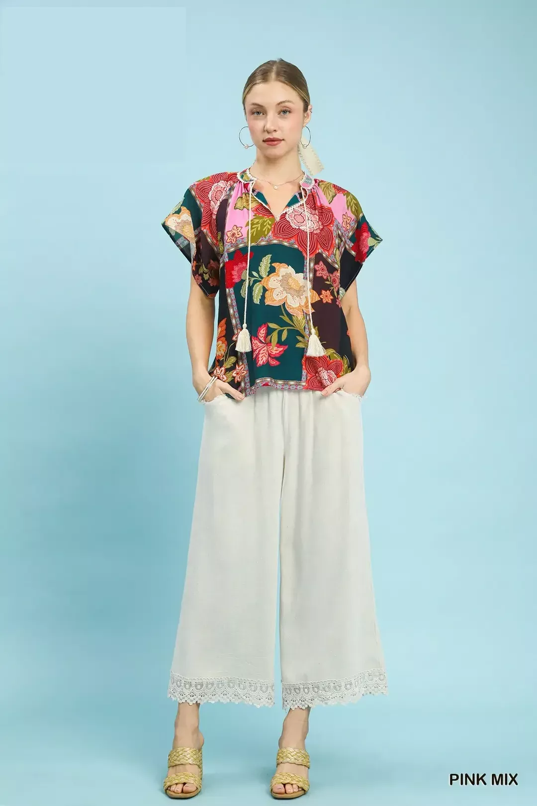 Umgee Mix Floral Patchwork Tassel Tie Top - Image 4