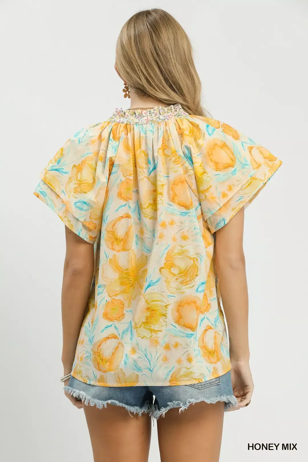 Umgee Mix Floral Print Blouse with Crochet Lace Trim - Image 3