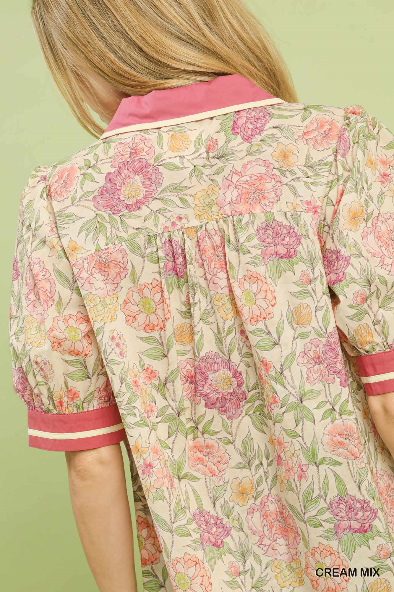Umgee Mix Floral Puff Sleeve Blouse with Contrast Trim - Image 5