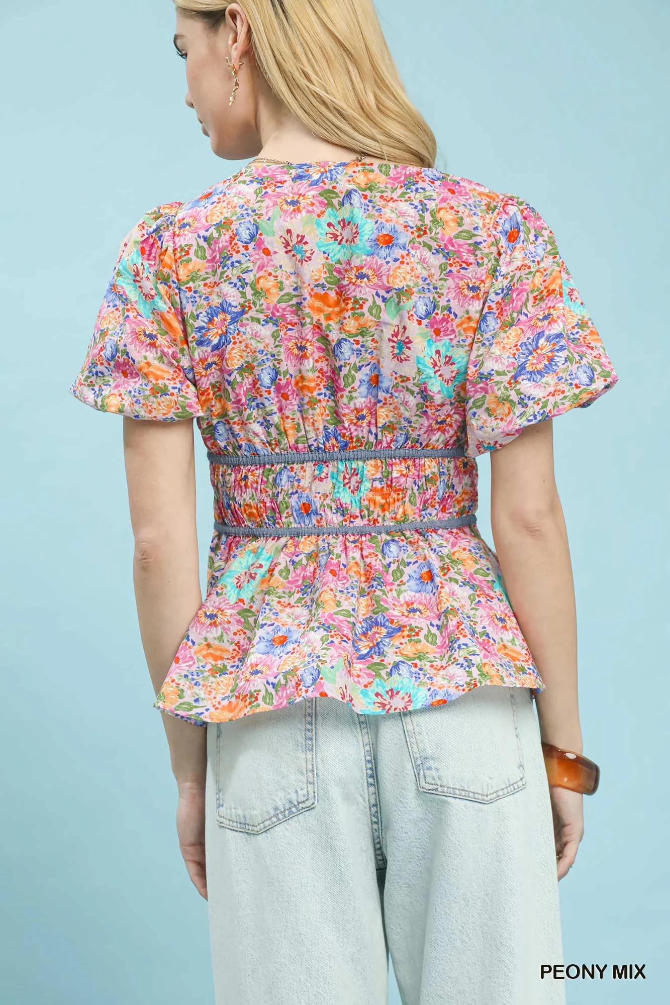 Umgee Mix Floral Smocked Waist Blouse - Image 3