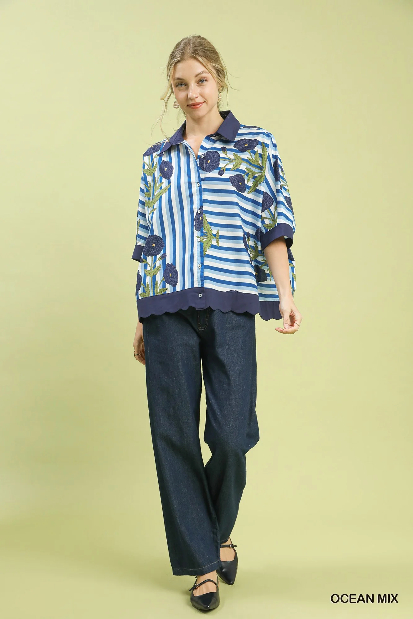 Umgee Mix Floral Stripe Button Down Top - Image 5