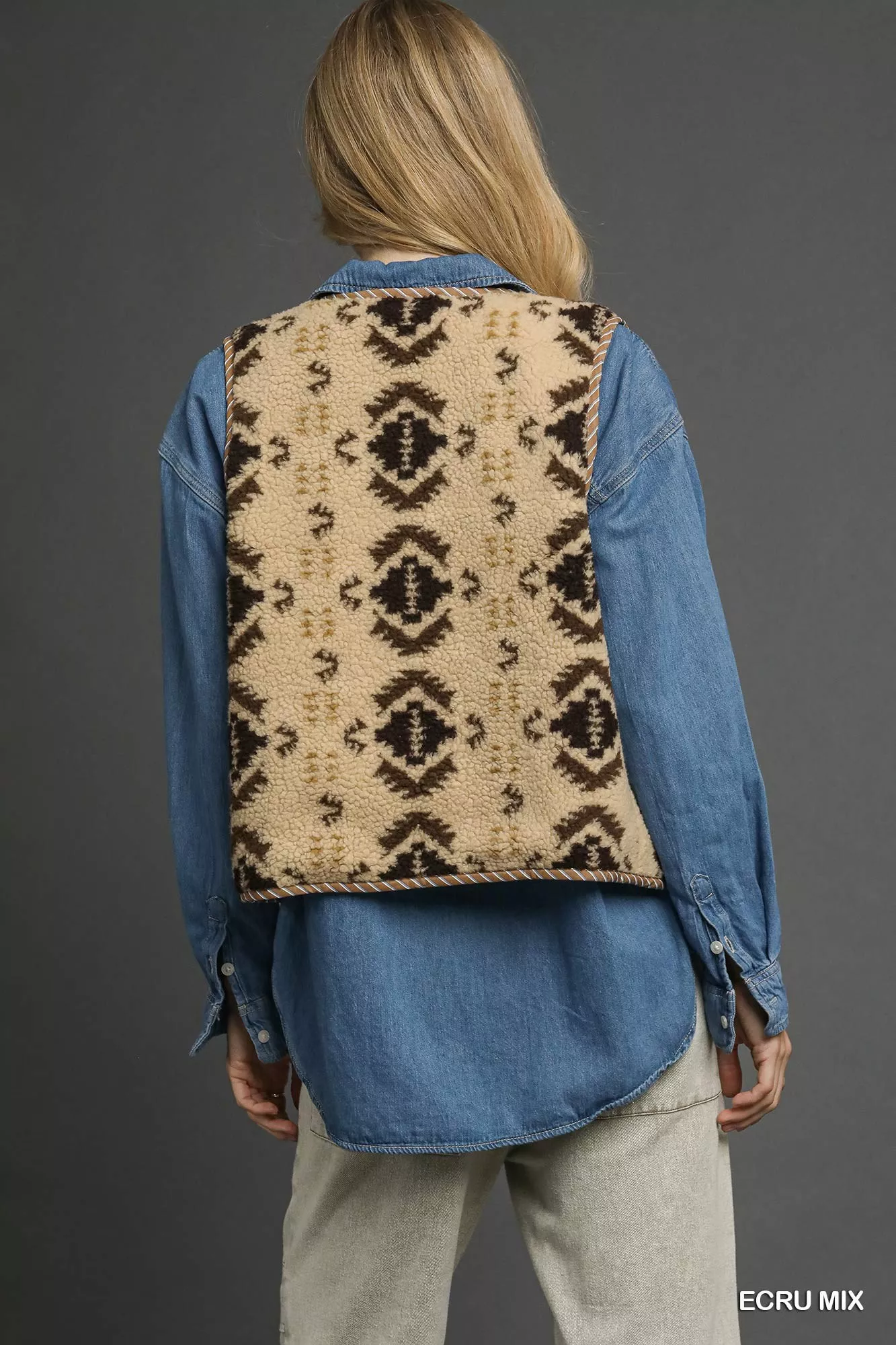 Umgee Mix Patterned Sherpa Tie-Front Vest - Image 5