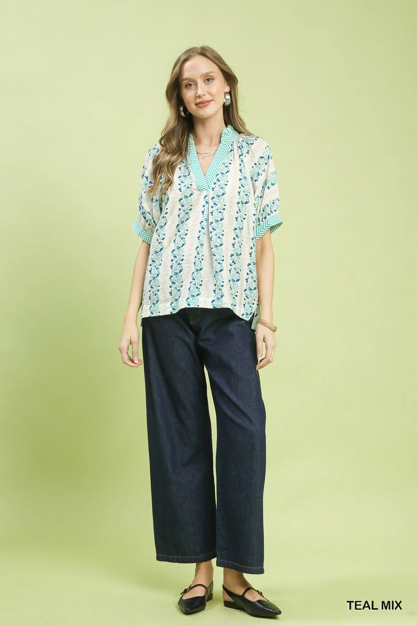 Umgee Mix Print Boho Blouse with Contrast Trim - Image 4