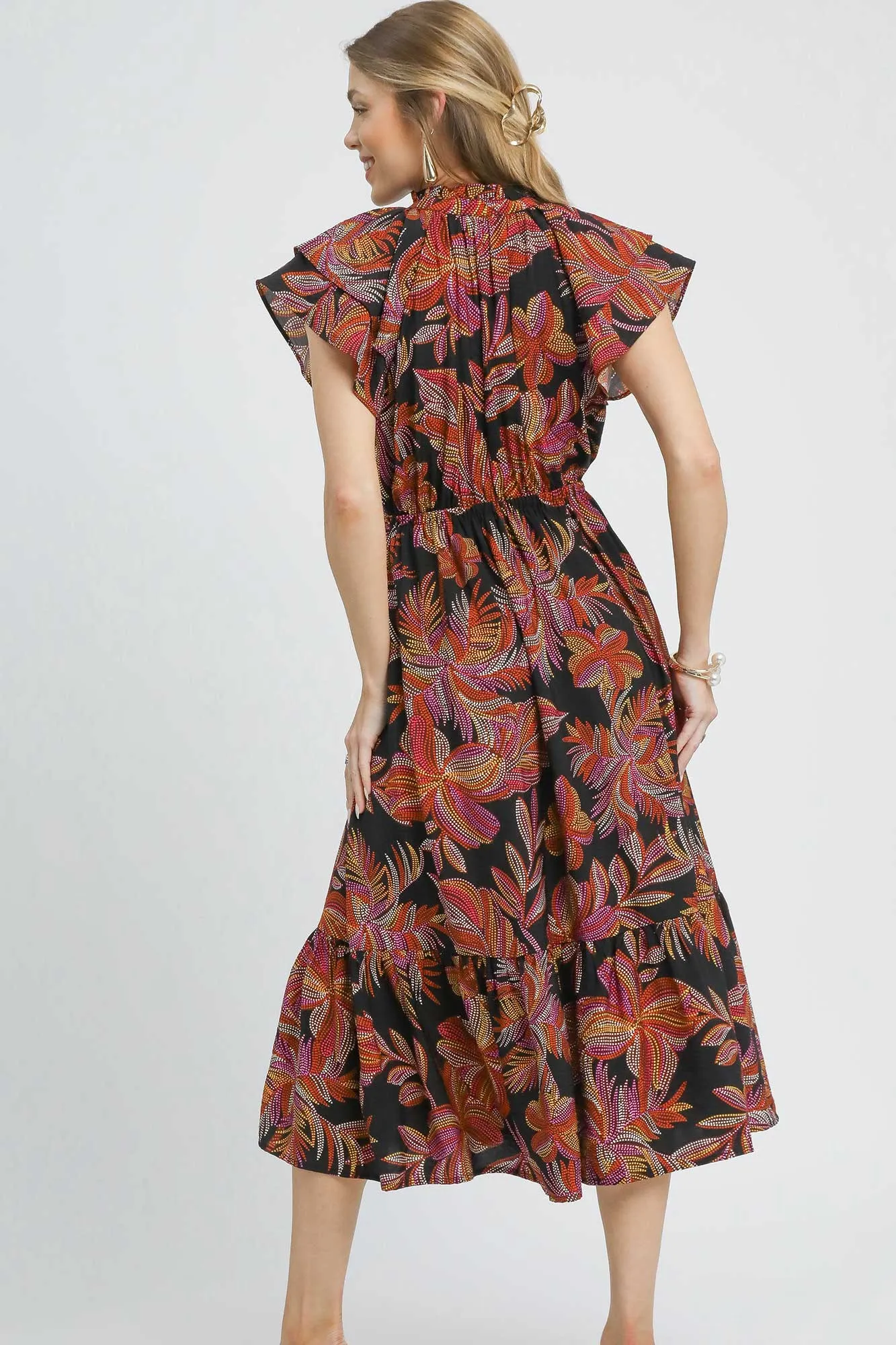 Umgee Mix Ruffle Sleeve Tropical Midi Dress - Image 2