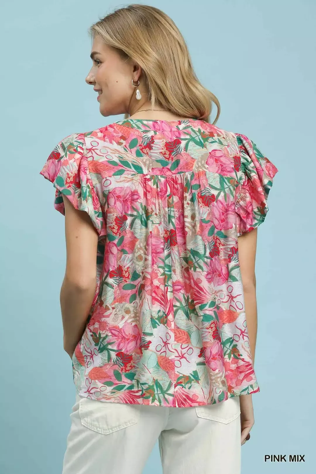 Umgee Mix Tropical Print Blouse with Ruffle Cap Sleeves - Image 3