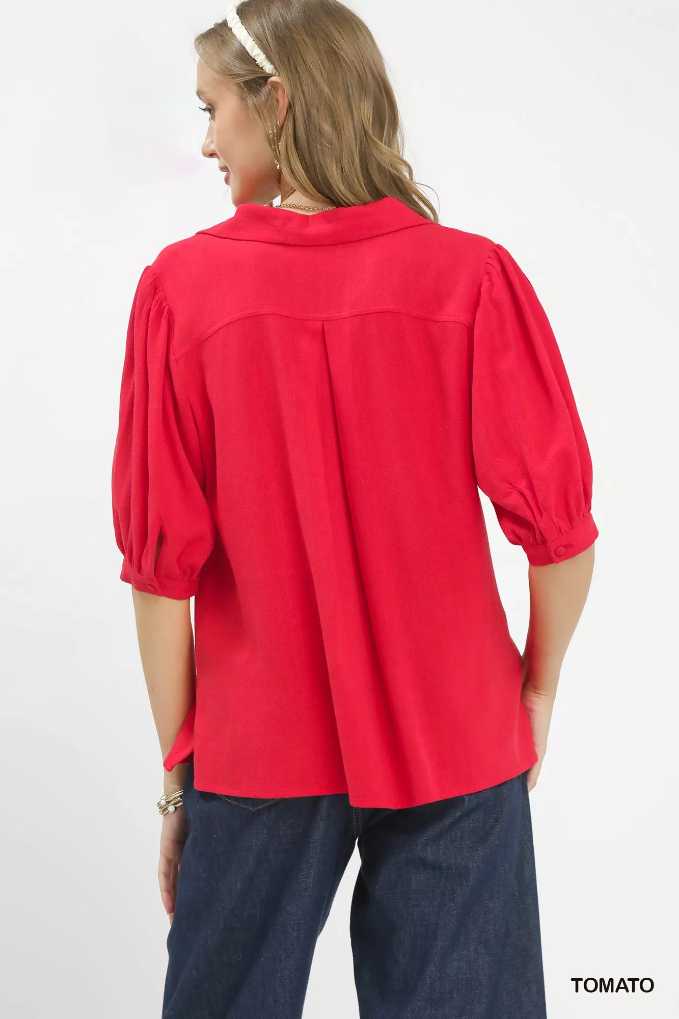 Umgee Mixed Media V-Neck Print Blouse - Image 3