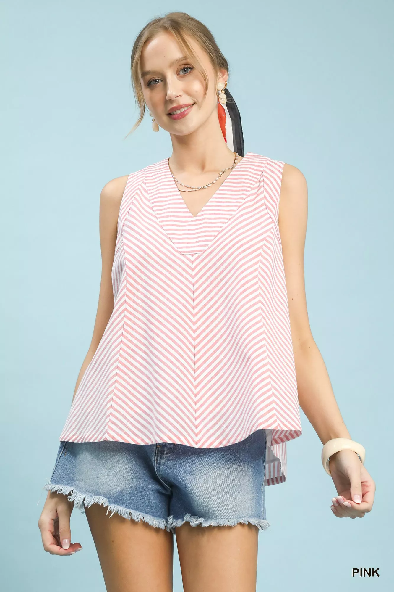 Umgee Mixed Stripe Sleeveless V-Neck Top