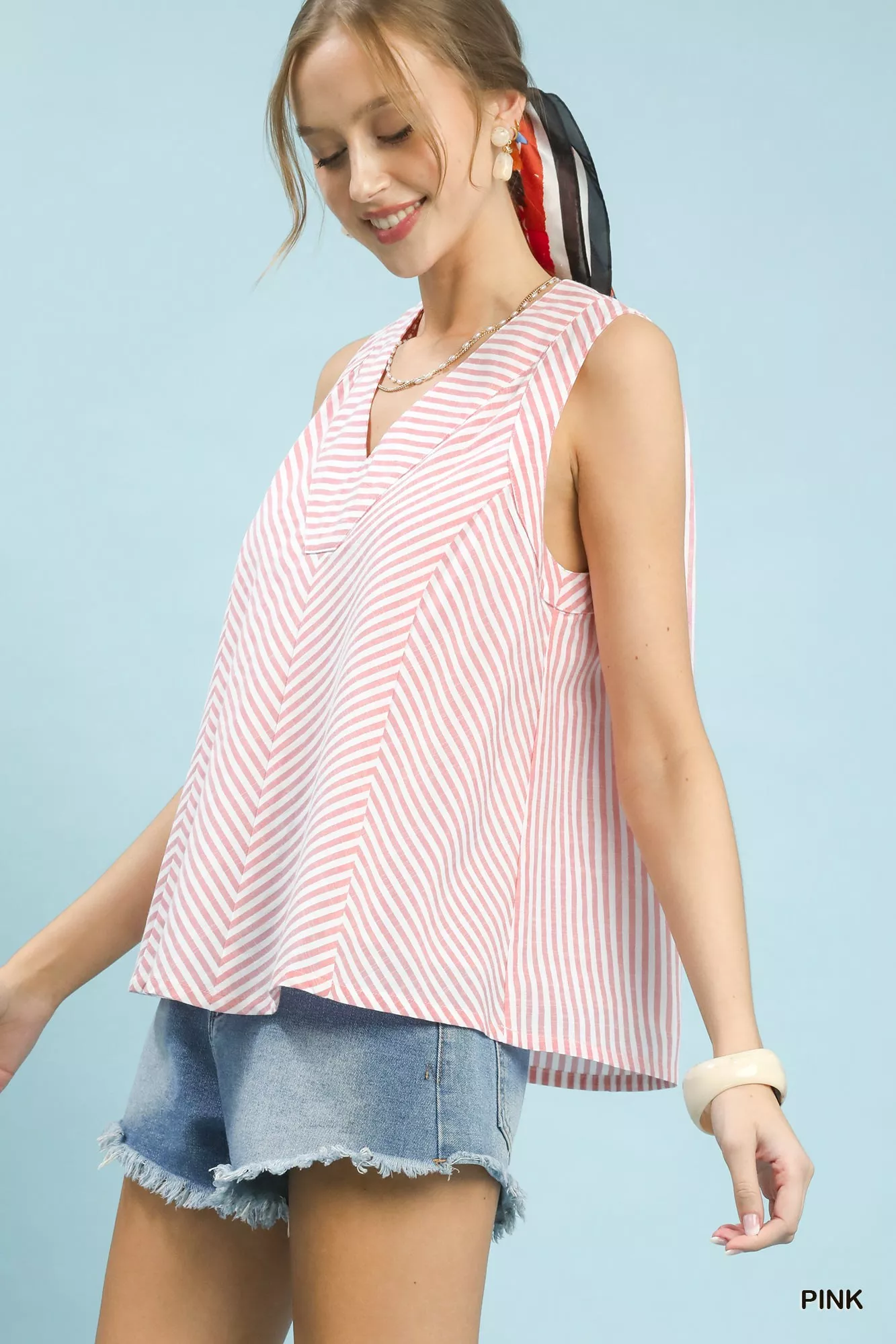 Umgee Mixed Stripe Sleeveless V-Neck Top - Image 2