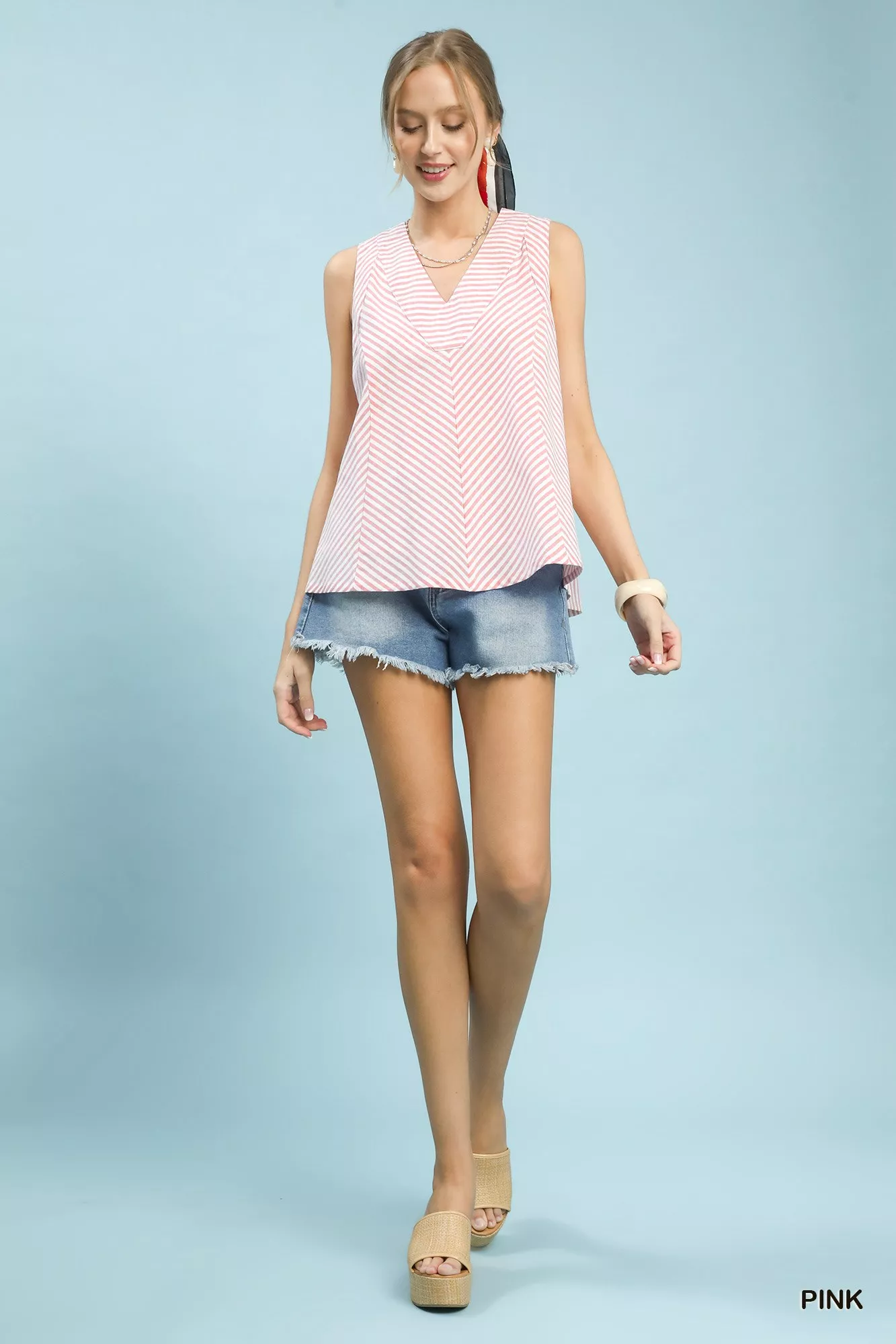 Umgee Mixed Stripe Sleeveless V-Neck Top - Image 5