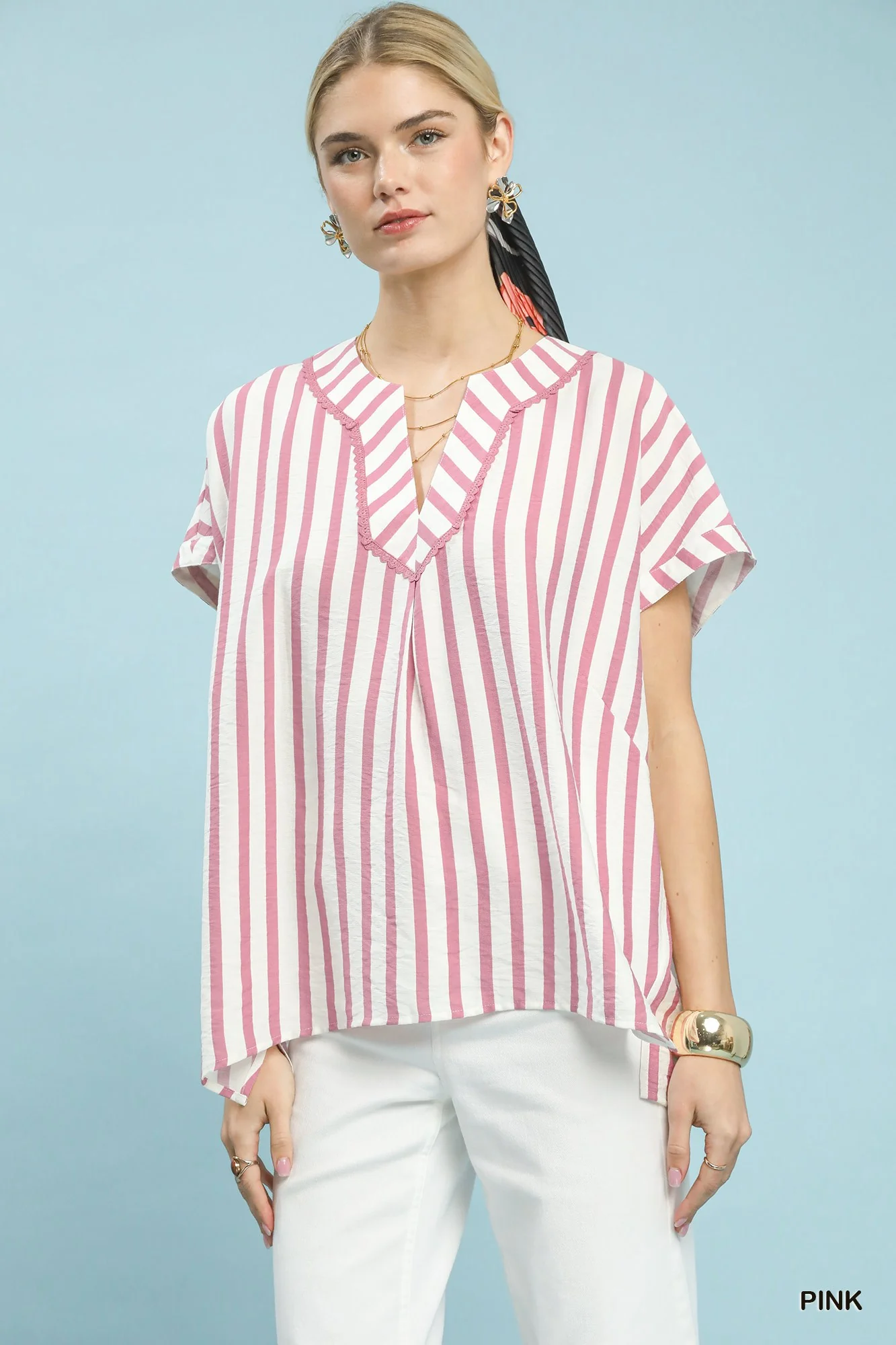 Umgee Mixed Stripe Split Neck Oversized Blouse