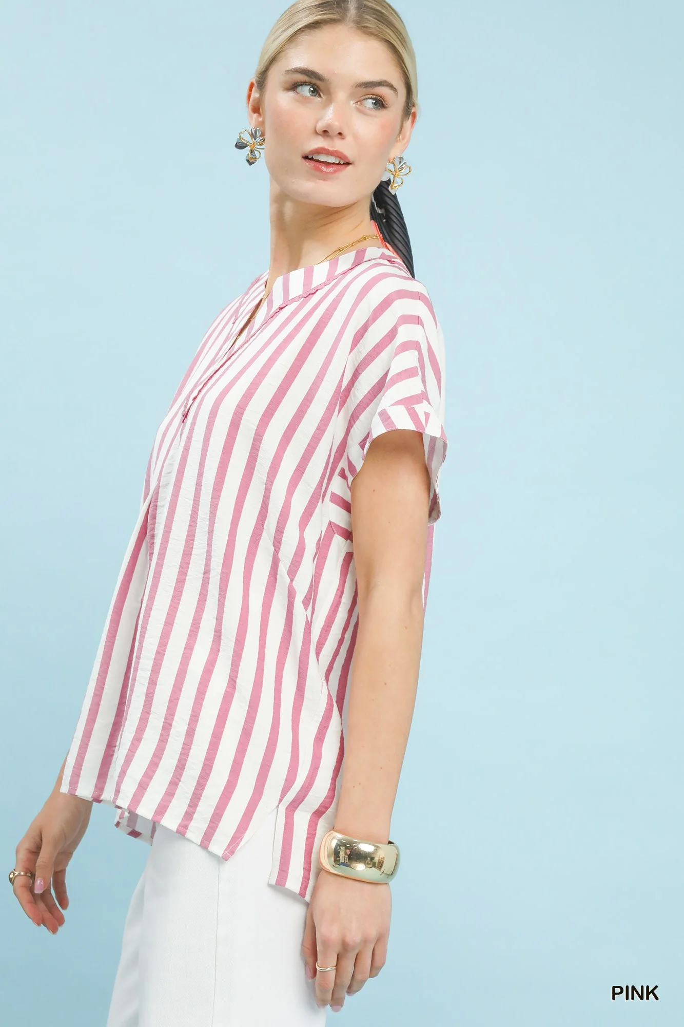 Umgee Mixed Stripe Split Neck Oversized Blouse - Image 2