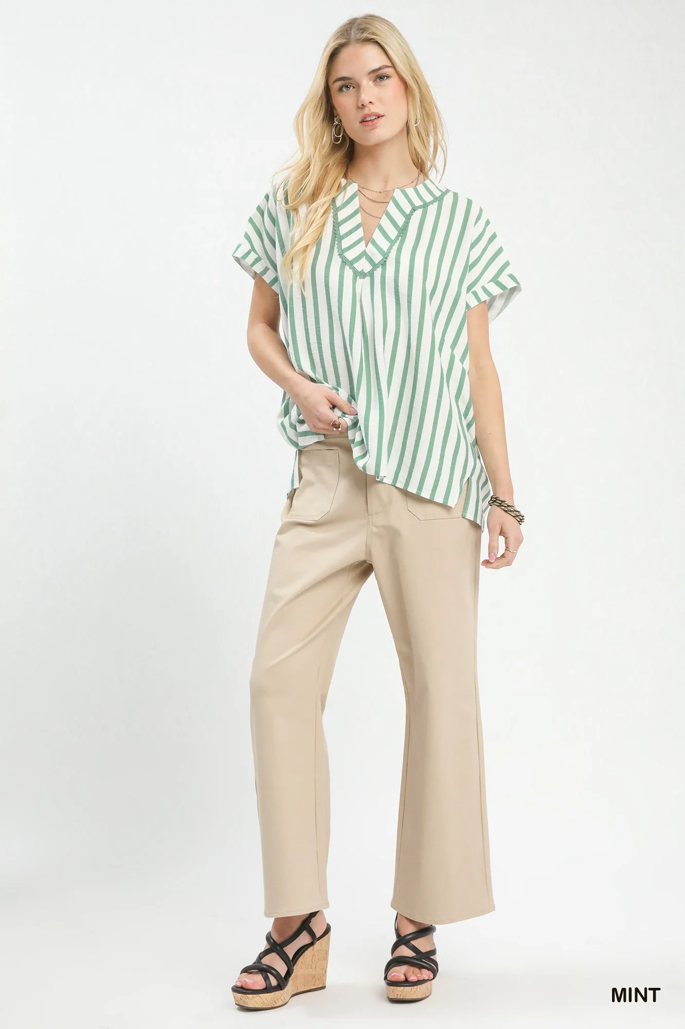 Umgee Mixed Stripe Split Neck Oversized Blouse - Image 4