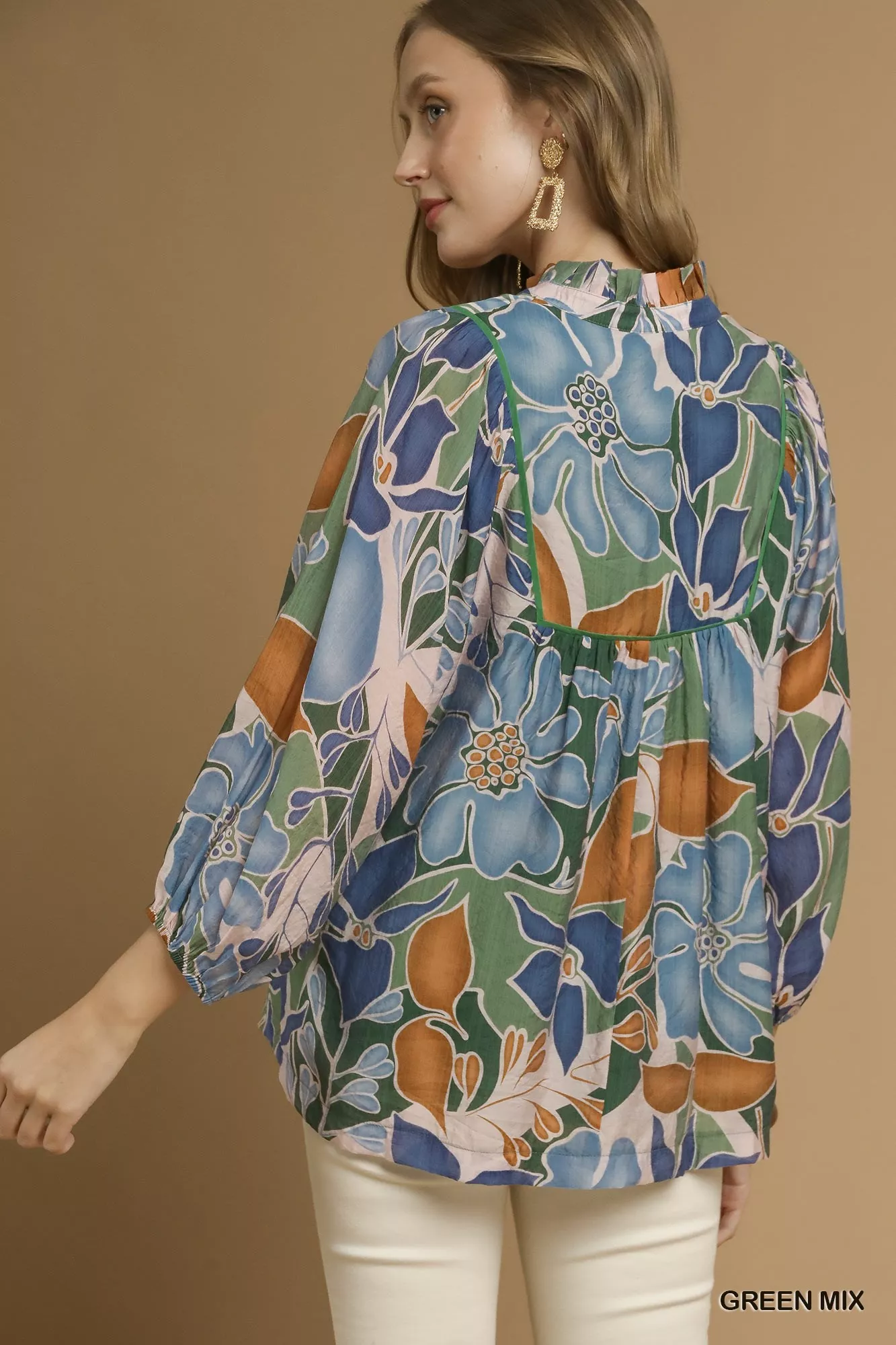 Umgee Multicolor Abstract Floral Print Blouse with Ruffle Neck - Image 3
