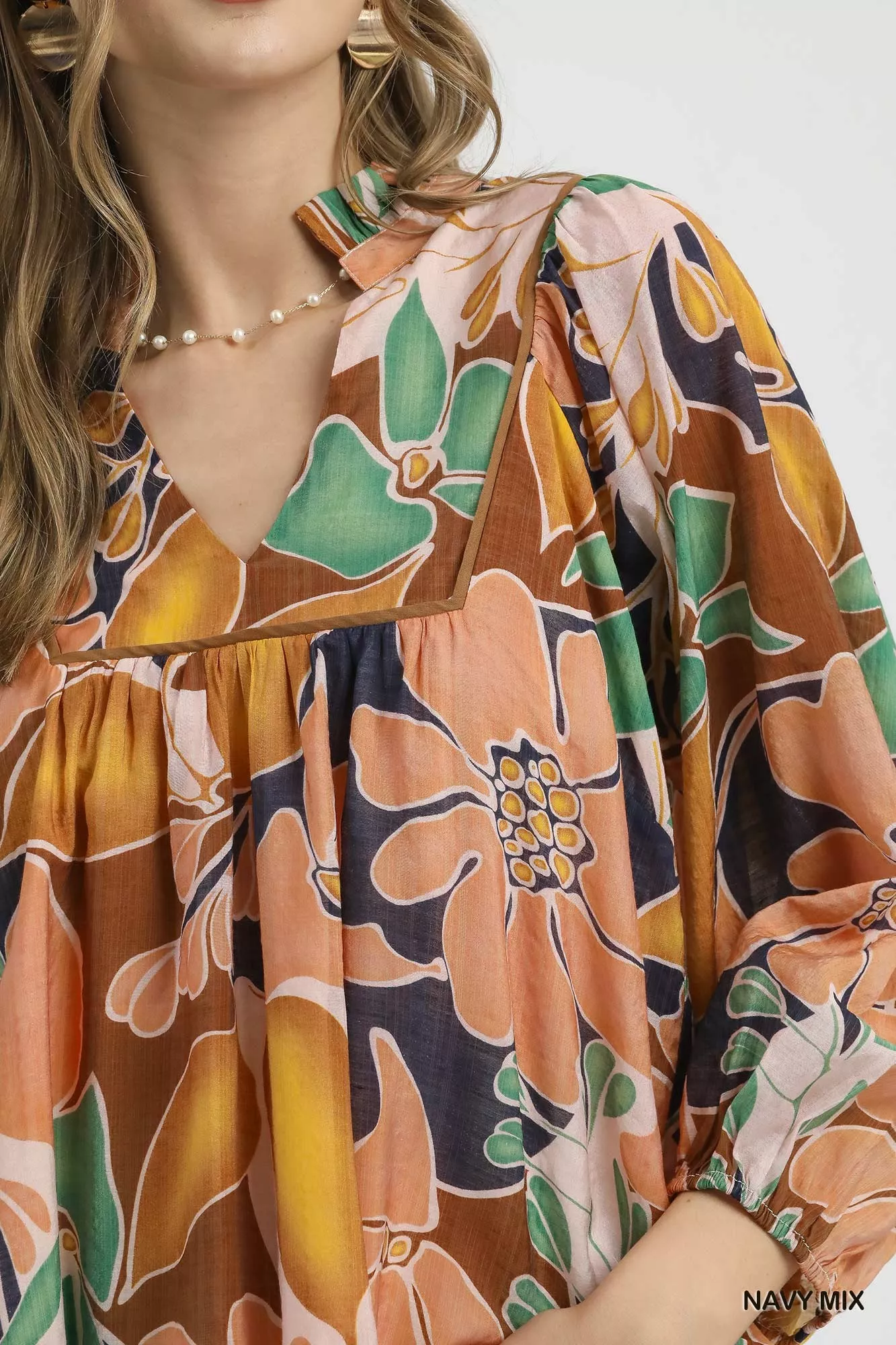 Umgee Multicolor Abstract Floral Print Blouse with Ruffle Neck - Image 5